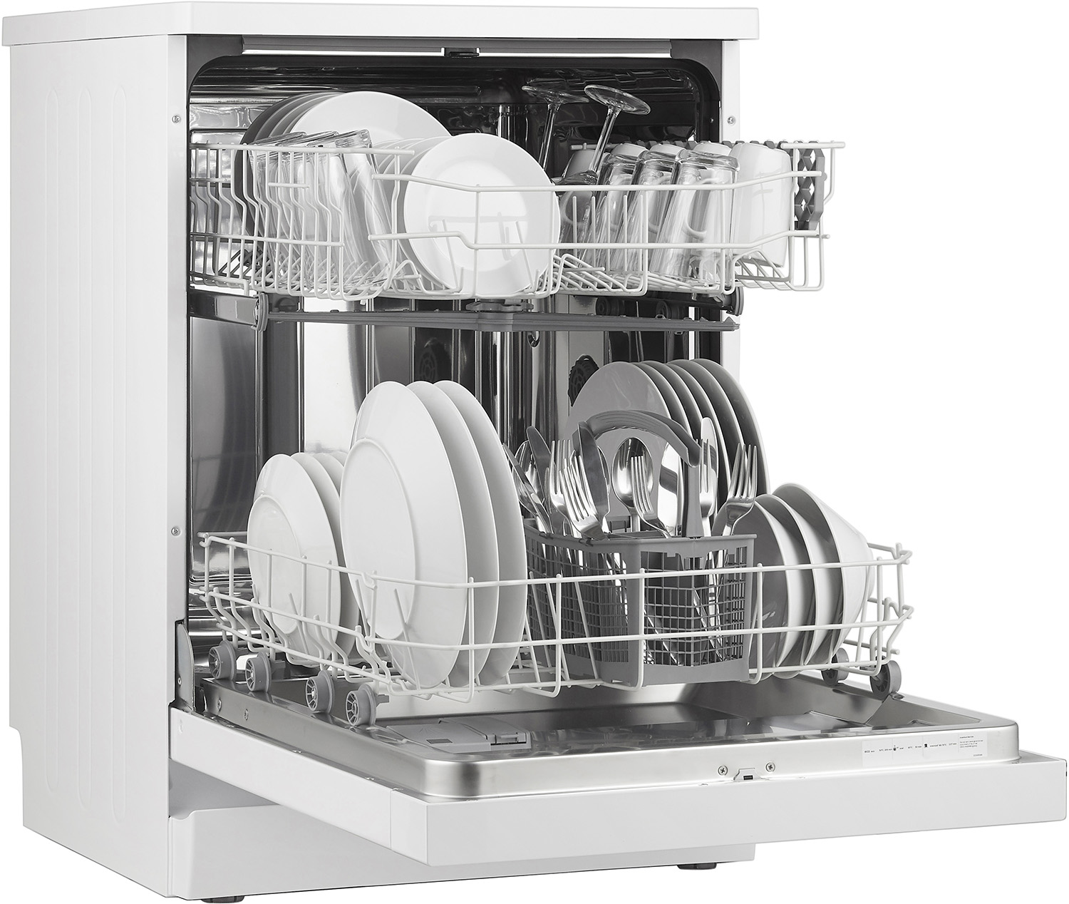 A white dishwasher with the door open, filled with plates, glasses, and silverware in racks.