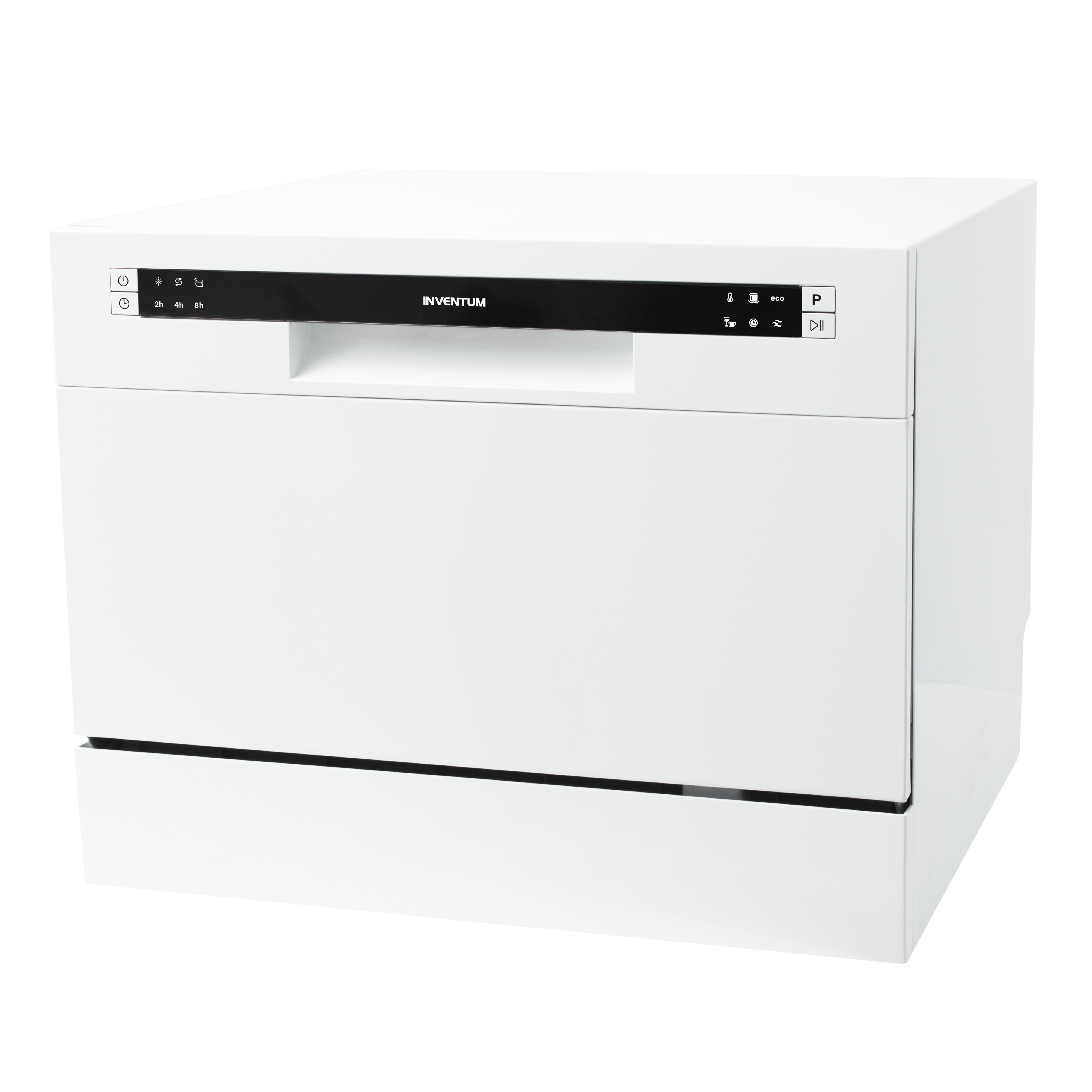 White dishwasher with control panel and buttons.