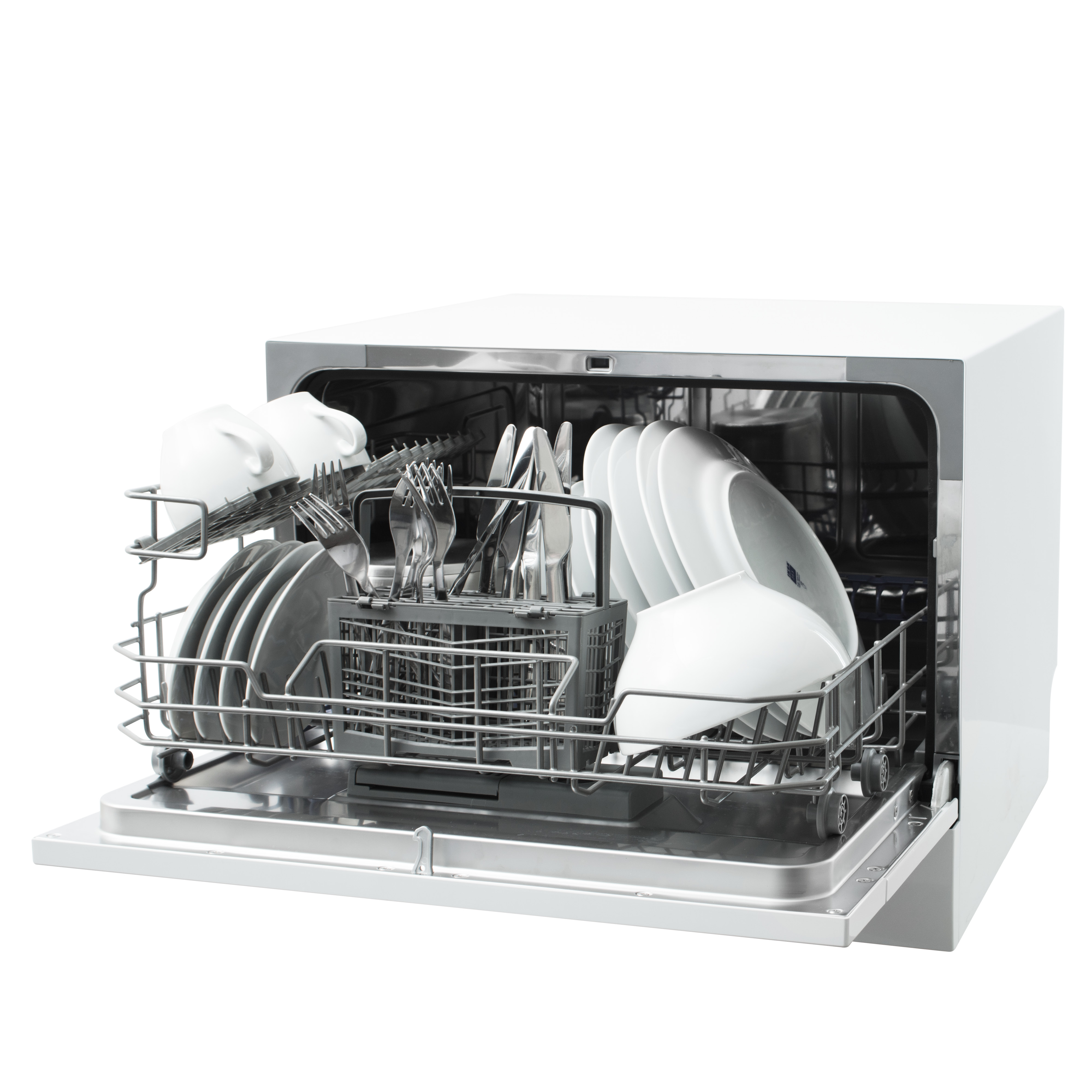 A white dishwasher with the door open. Inside there are dishes, utensils, and cups.