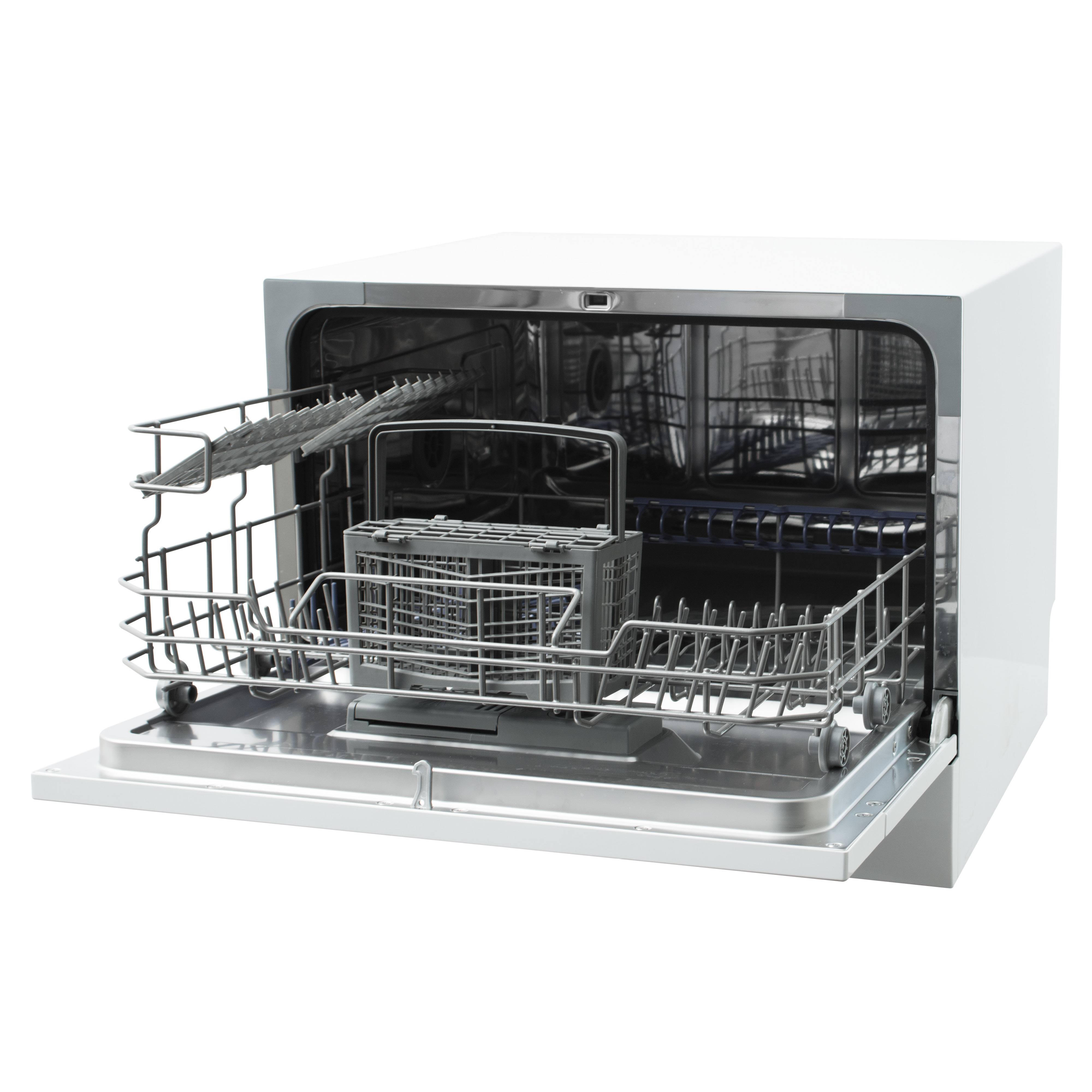 A white dishwasher with an open door, revealing racks and a utensil basket inside.