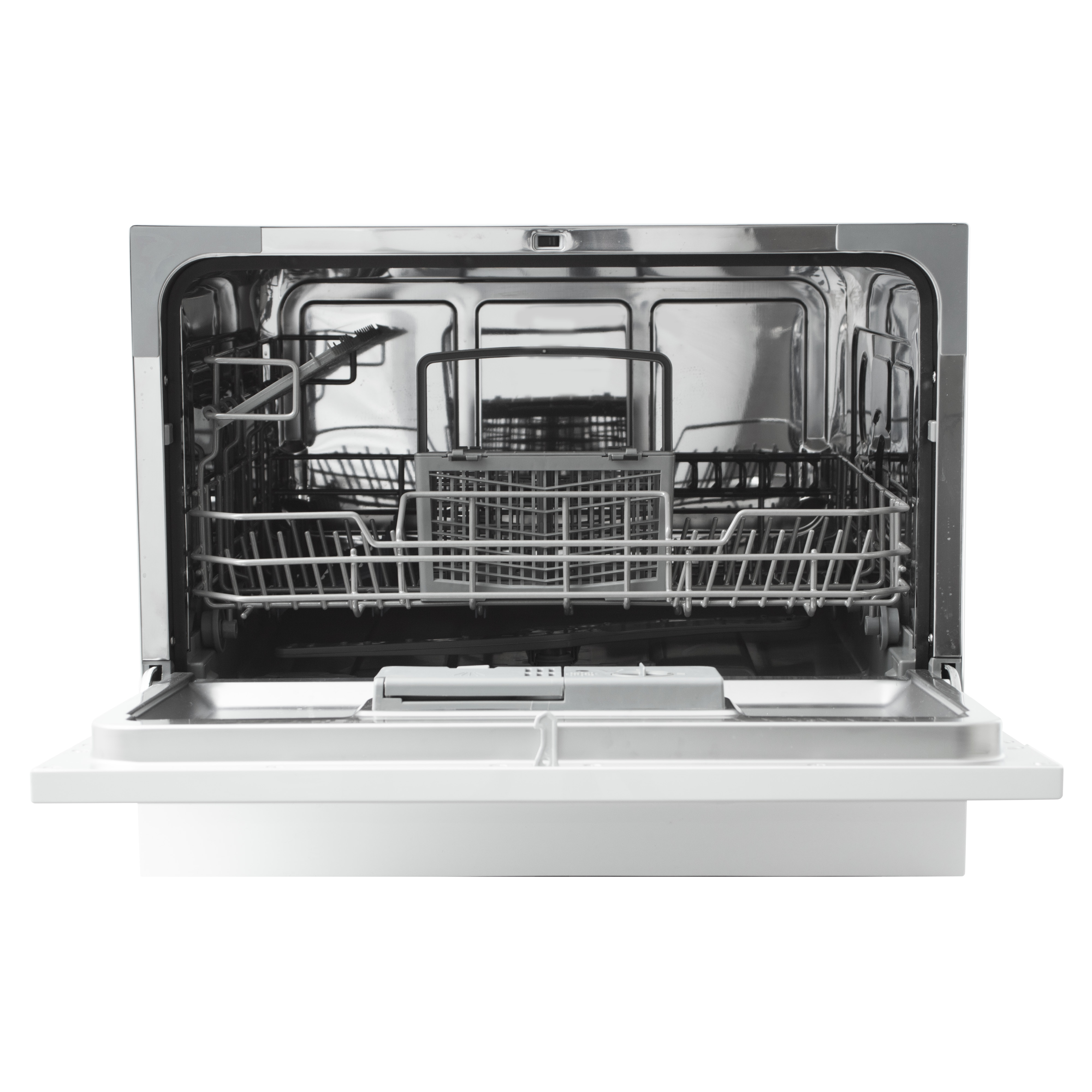 An open white dishwasher with a stainless steel interior. Racks and a utensil basket are visible inside.