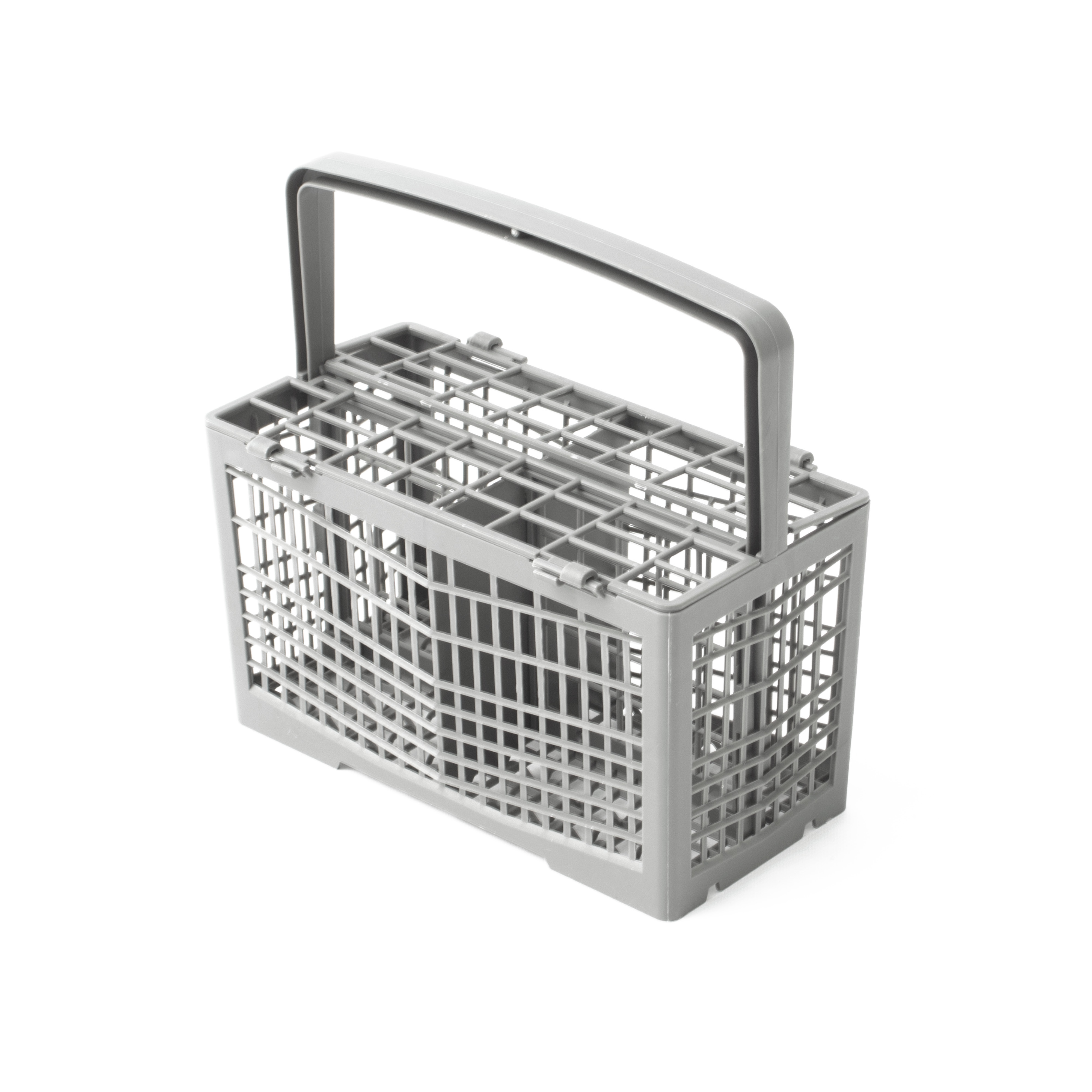Gray dishwasher basket with handle, rectangular shape, grid pattern. Isolated on white background.