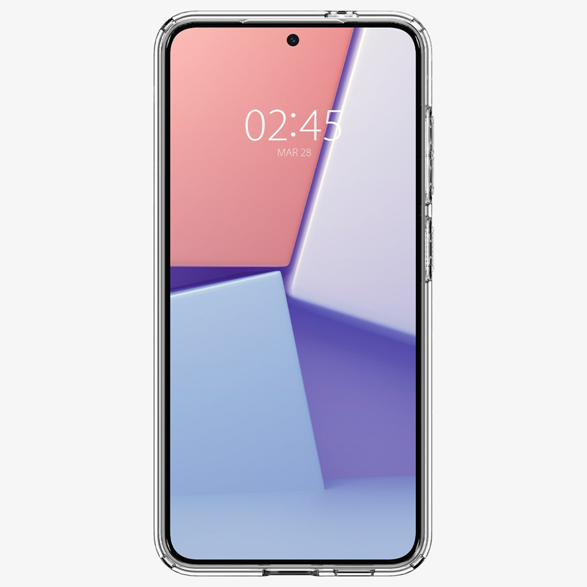 Eine transparente Handyhülle, die ein Handy zeigt. Der Bildschirm zeigt ein farbenfrohes geometrisches Design.