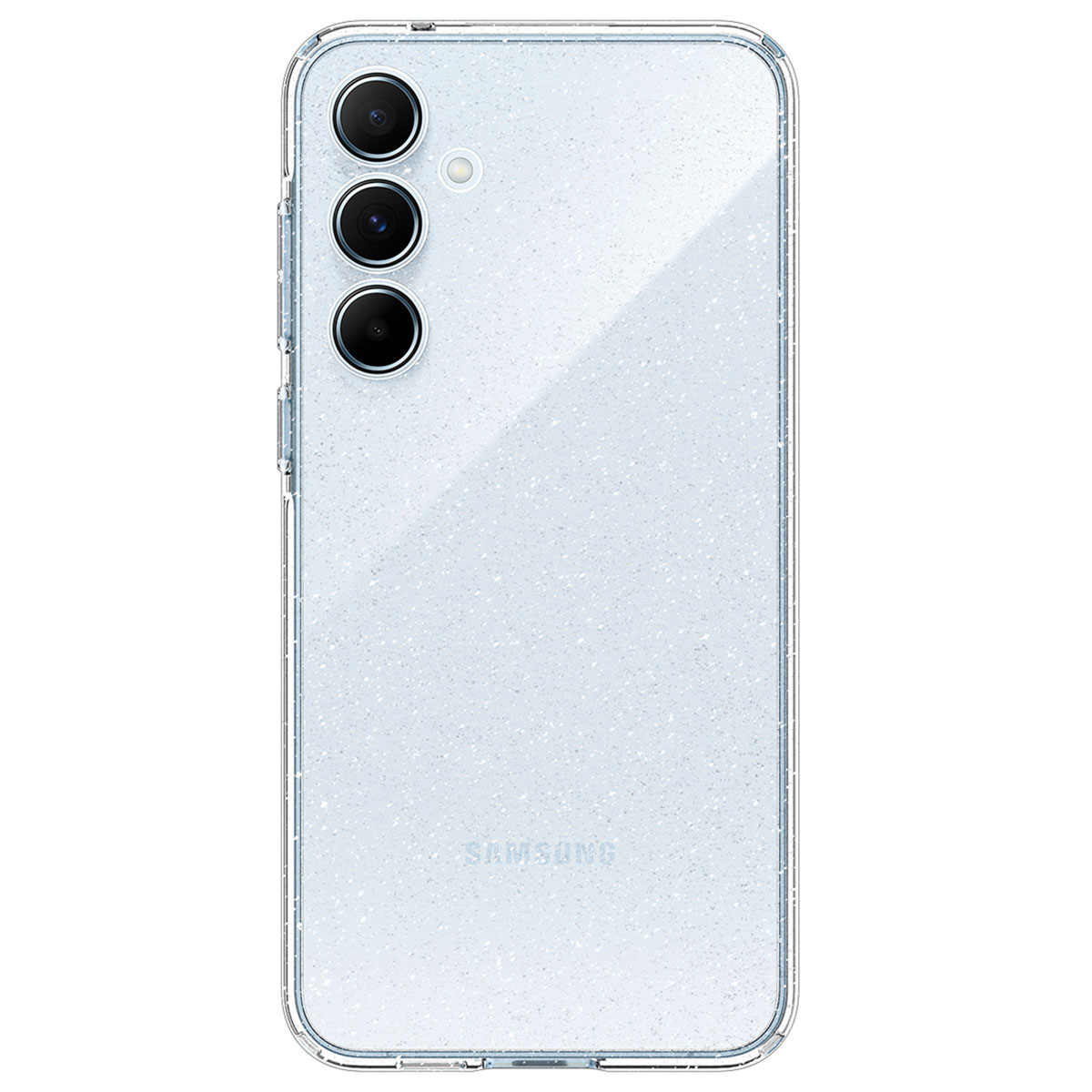Transparante telefoonhoes met drie cameralenzen op de achterkant. Lichtblauwe spikkels op de hoes.