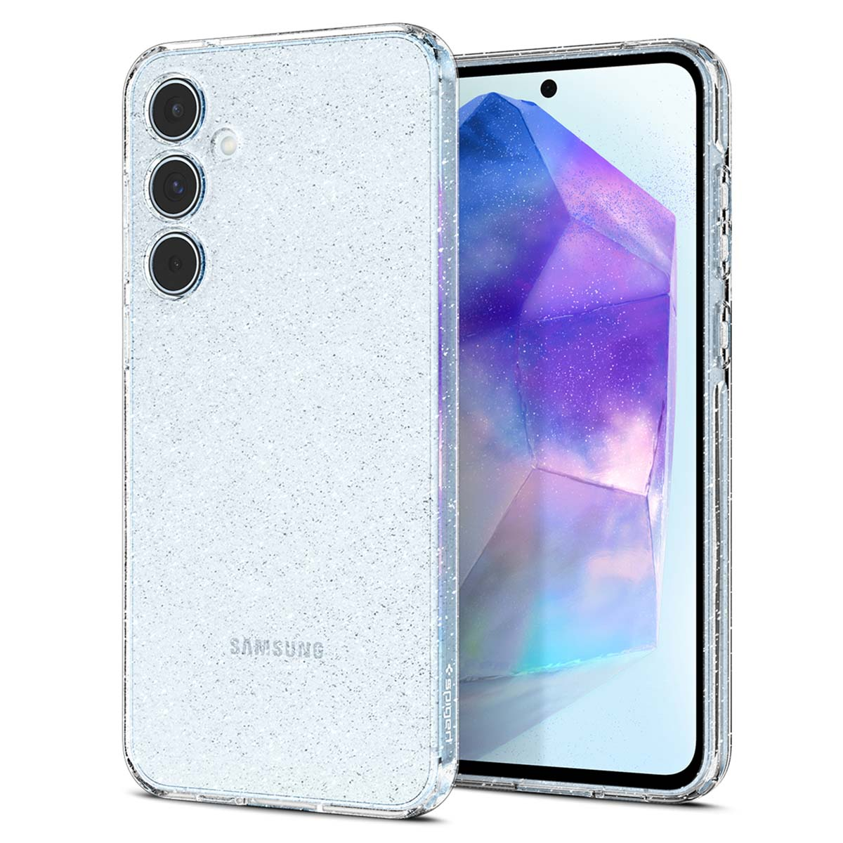 Transparant telefoonhoesje met glitter, getoond met een telefoon erin. De merknaam is zichtbaar.