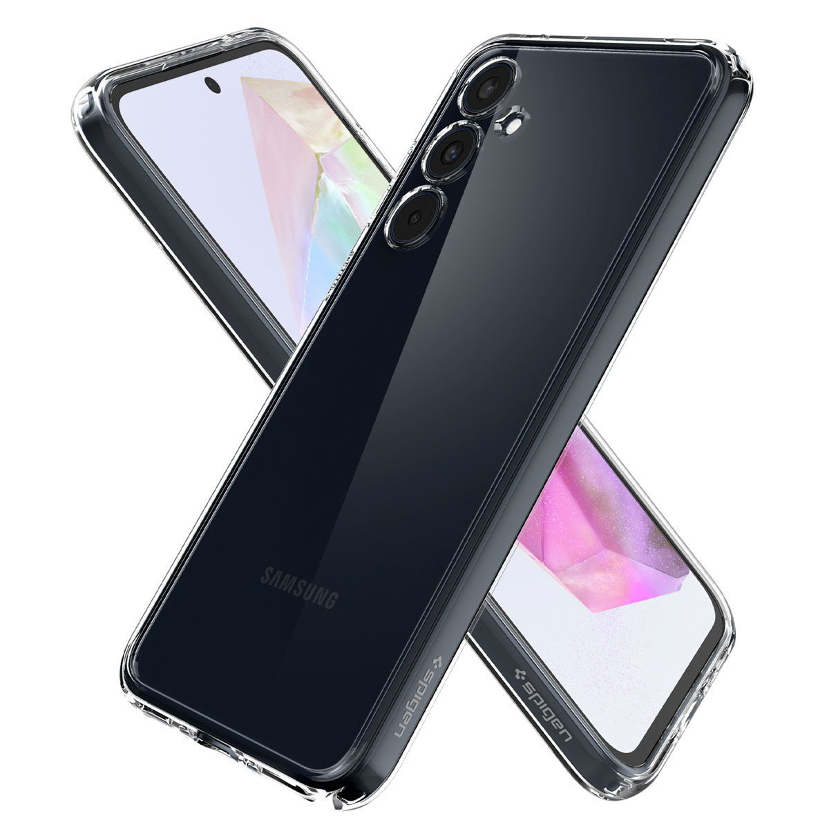 Deux téléphones dans des coques transparentes. Téléphone noir avec trois caméras. Fond blanc. Logo Spigen.
