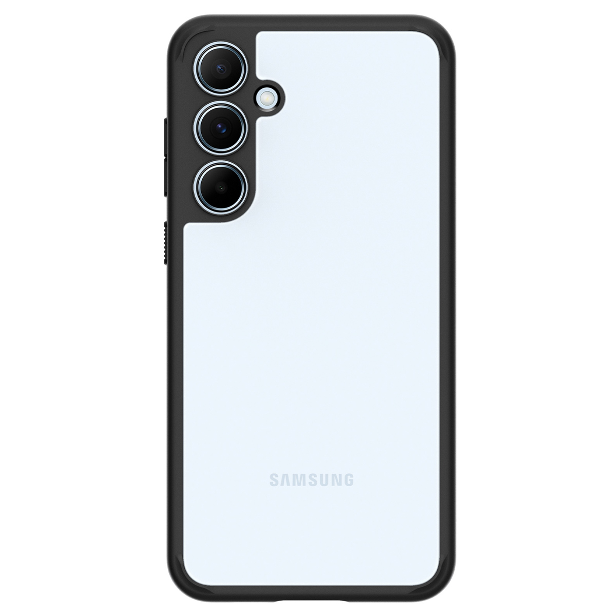 Czarny telefon z przezroczystym etui, widoczny tył i logo Samsung.