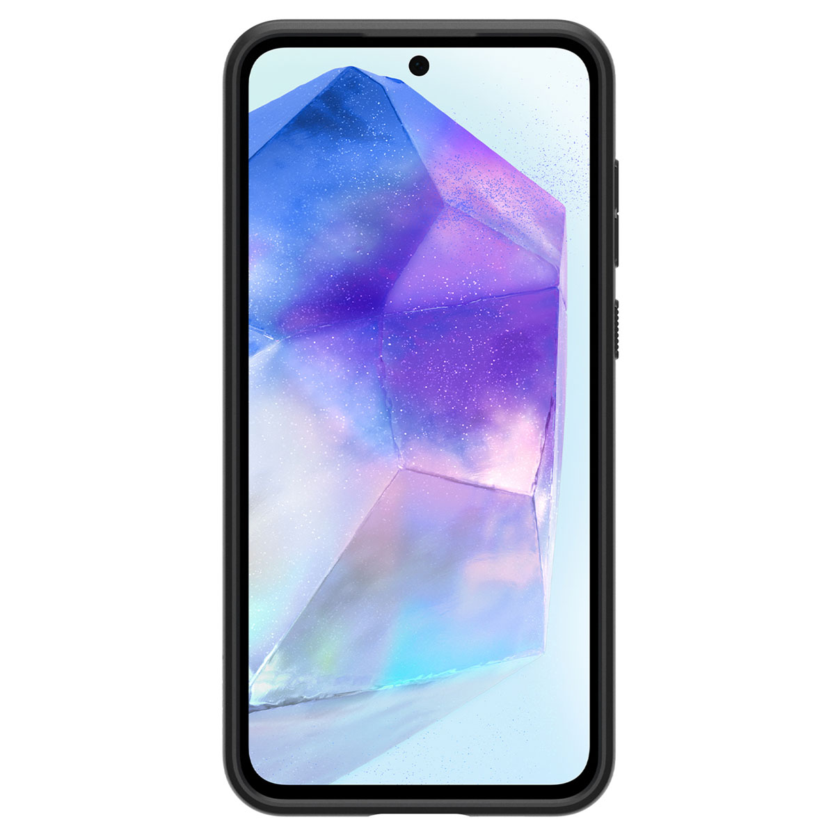 Telefon w czarnym etui, pokazujący kolorowy, abstrakcyjny, przypominający klejnot wyświetlacz. Etui jest czarne.