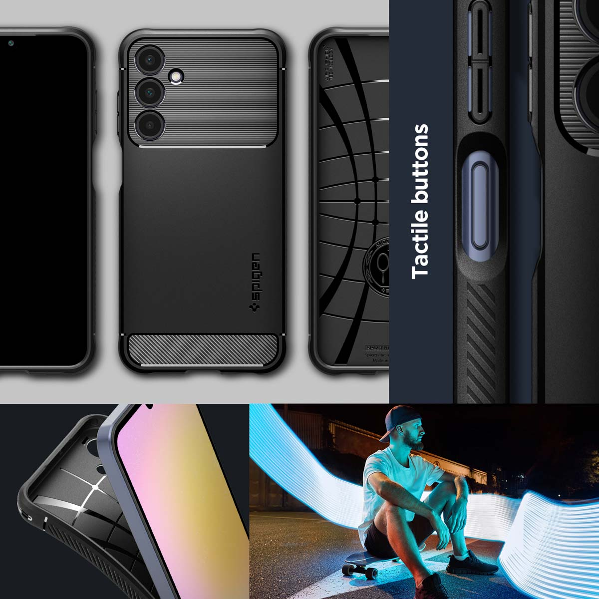 Collage di custodie per telefoni e un uomo sullo skateboard. Testo: Pulsanti tattili. Logo Spigen.