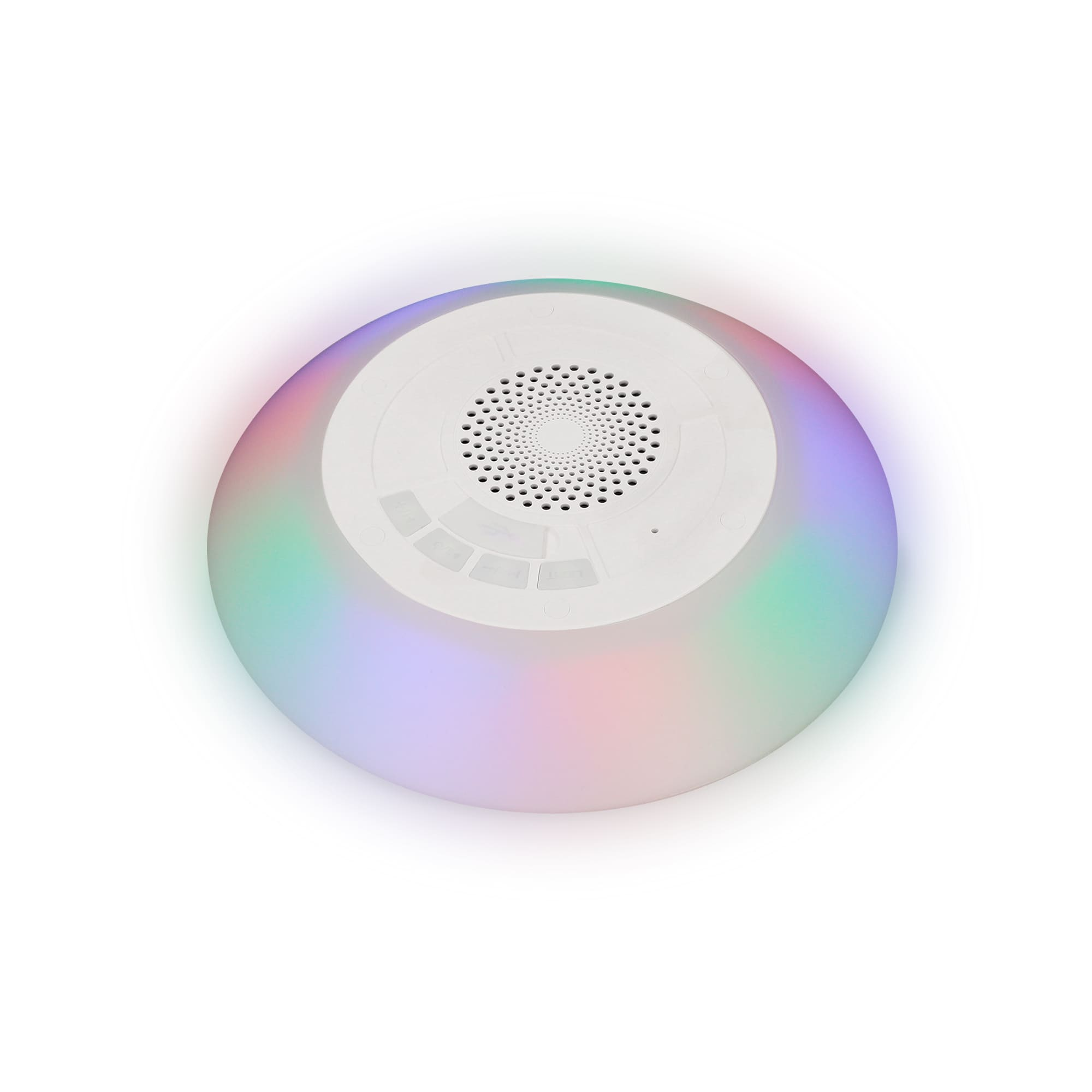 Un altavoz redondo que cambia de color con una parte superior blanca y una rejilla de altavoz.