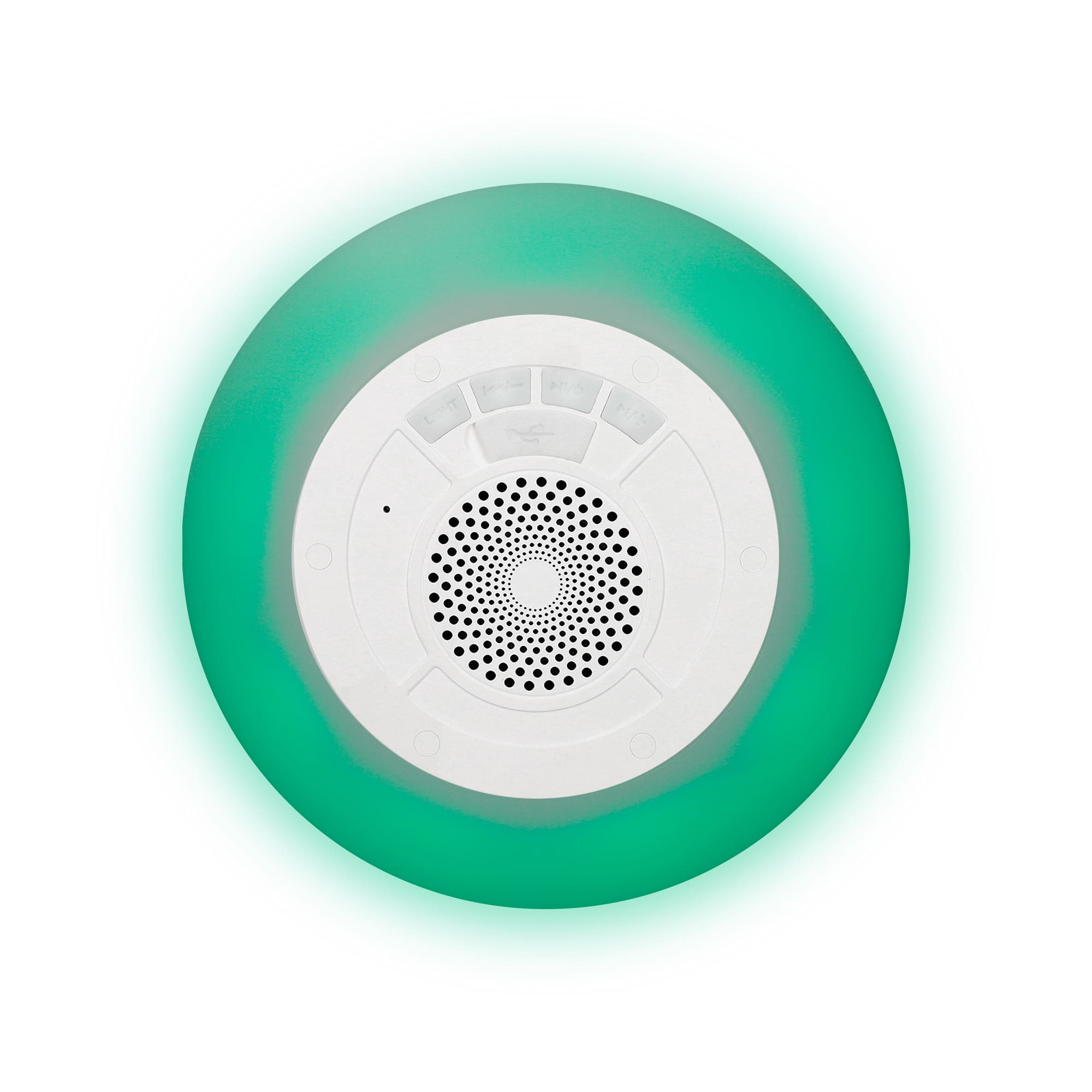Altavoz circular blanco con anillo de luz verde. Tiene un altavoz central y botones de control.