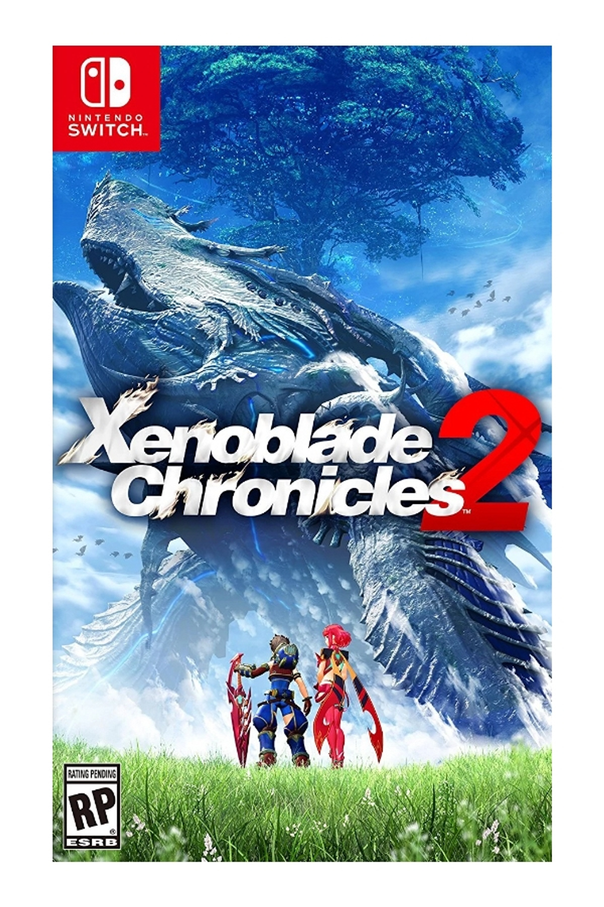 Scatola del gioco Xenoblade Chronicles 2. Personaggi in primo piano, sfondo panoramico. Sfondo bianco.