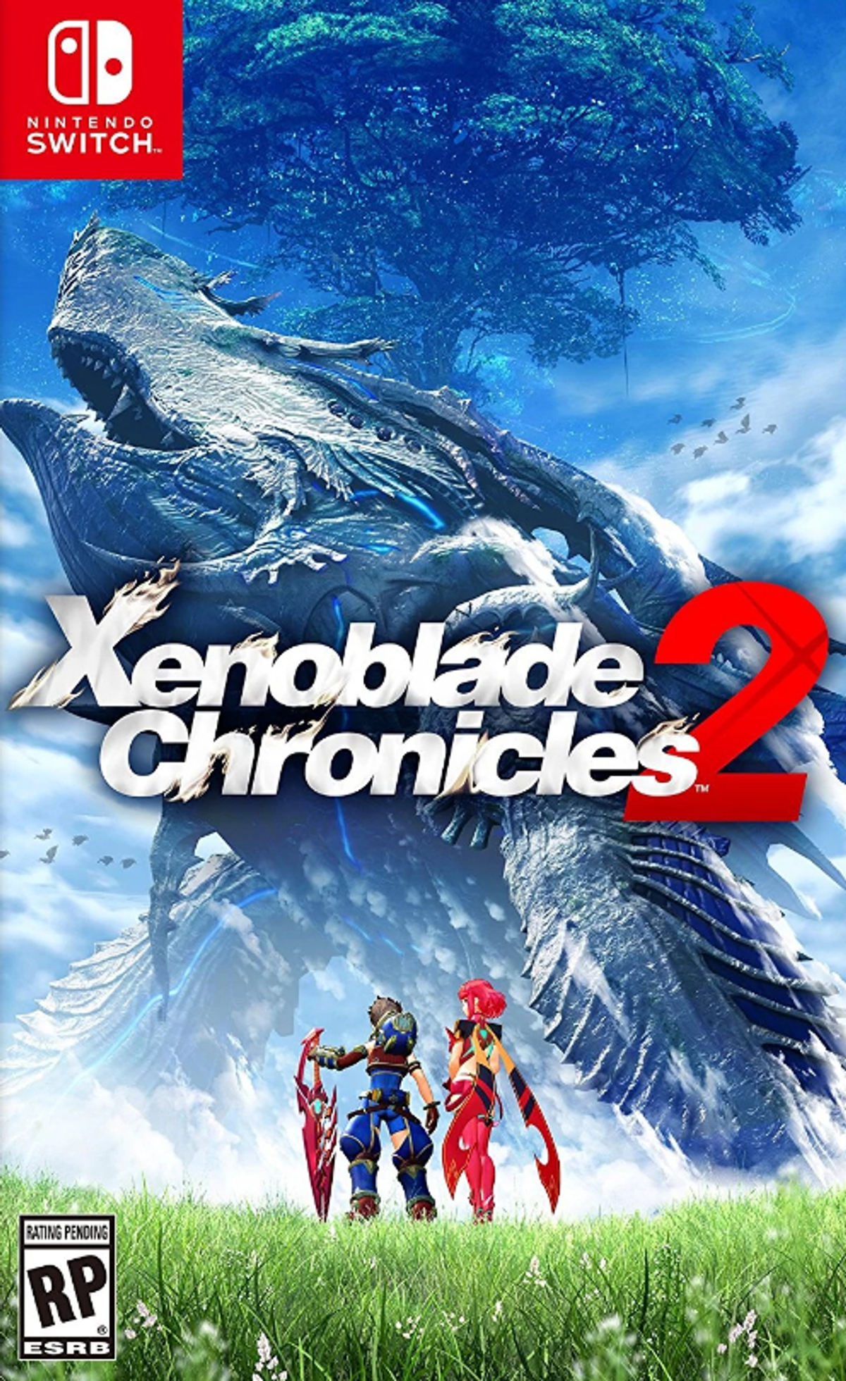 Copertina del gioco: Xenoblade Chronicles 2, due personaggi e una creatura gigante con sfondo di cielo blu.