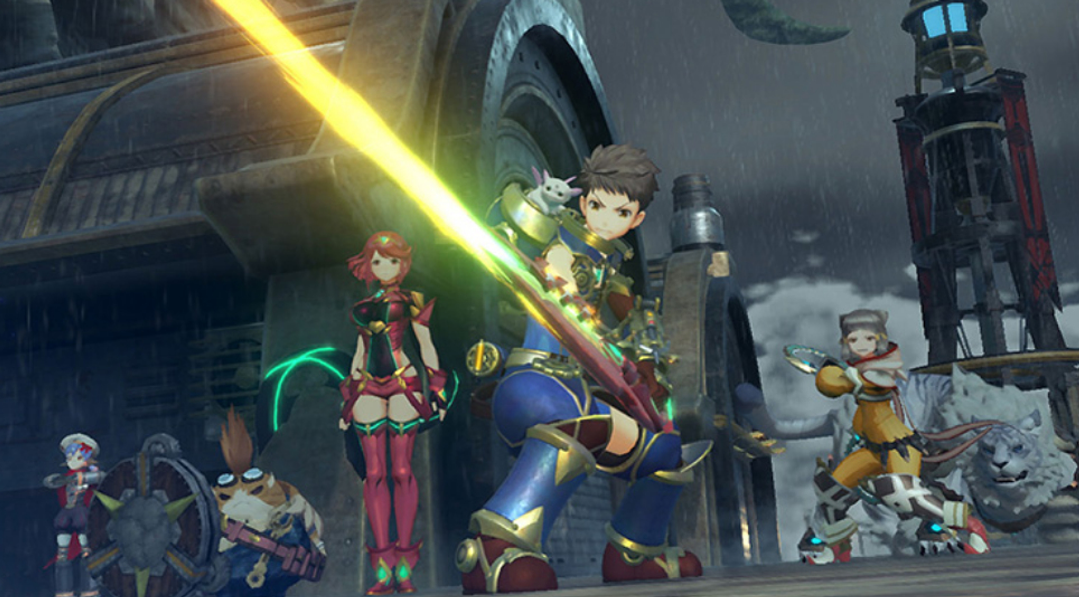 Gruppo di personaggi di un videogioco che combattono sotto la pioggia.