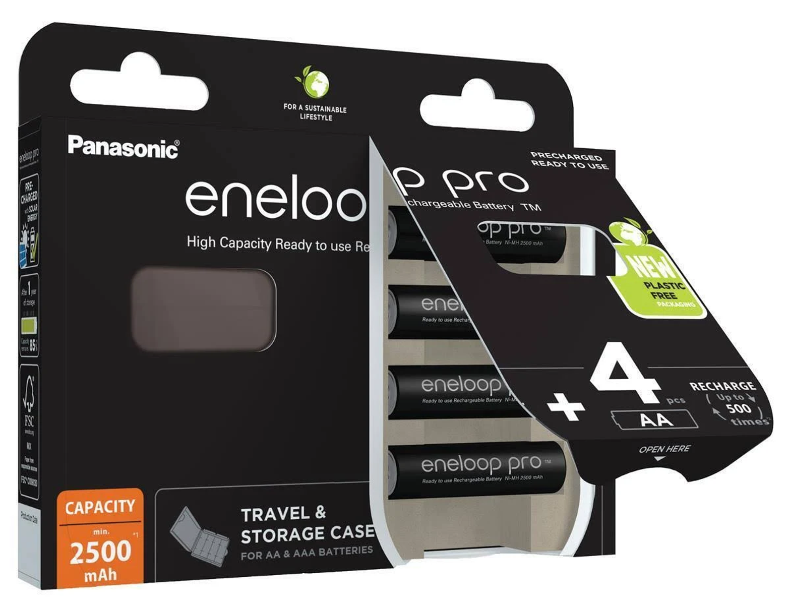 Confezione batterie Panasonic eneloop Pro. Imballaggio bianco e nero. Batterie AA visibili. Sfondo bianco.