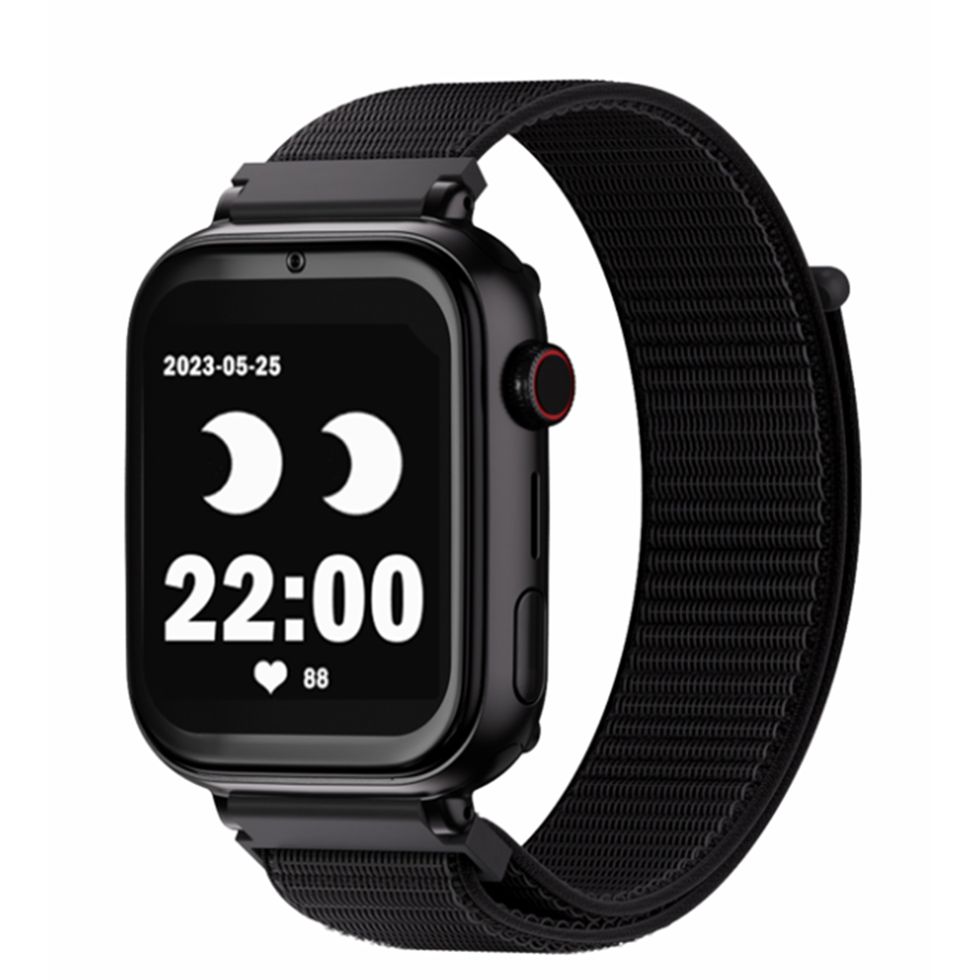 Czarny smartwatch z czarnym paskiem wyświetla 22:00, 25 maja i ikonę serca z 88.