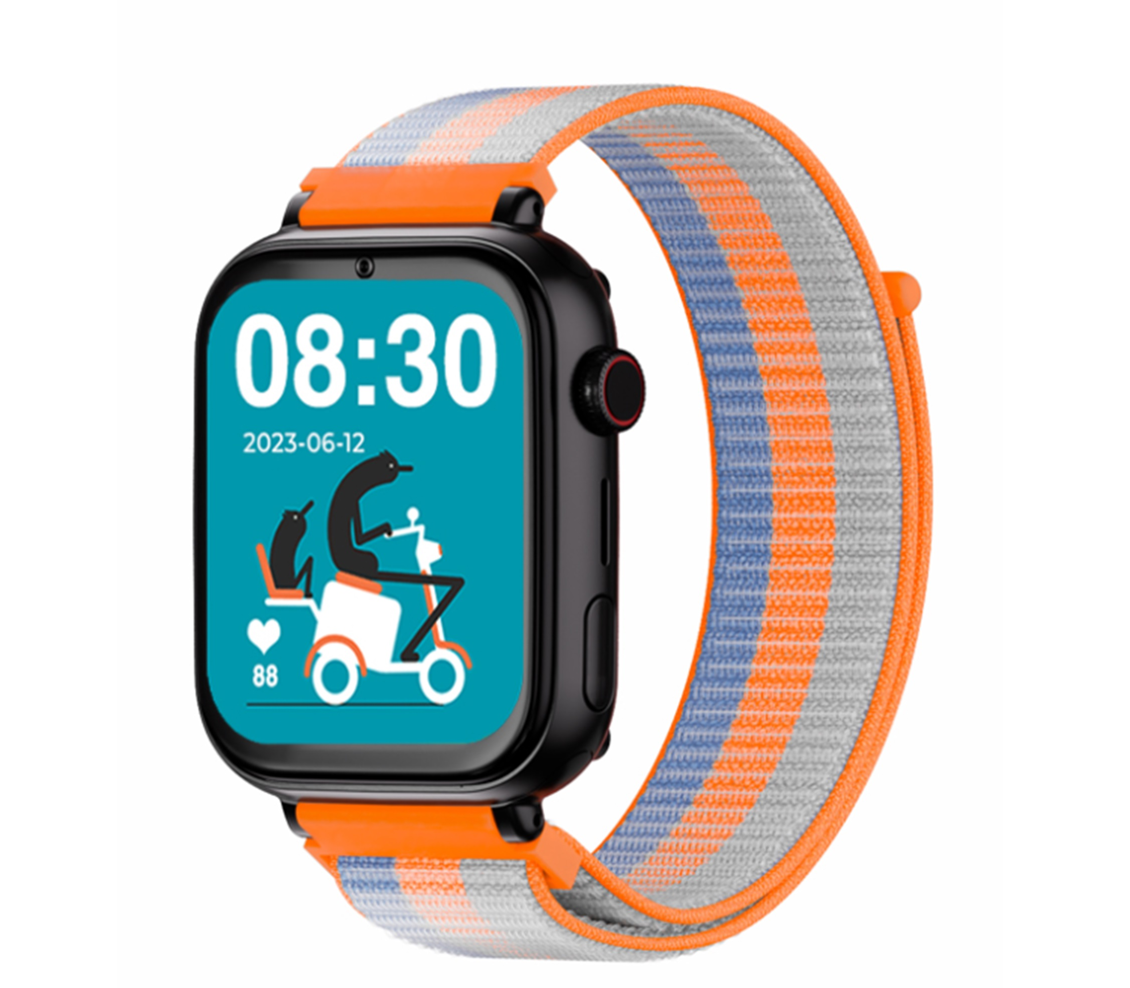 Smartwatch z pomarańczowo-szarym paskiem, na białym tle. Data na ekranie.