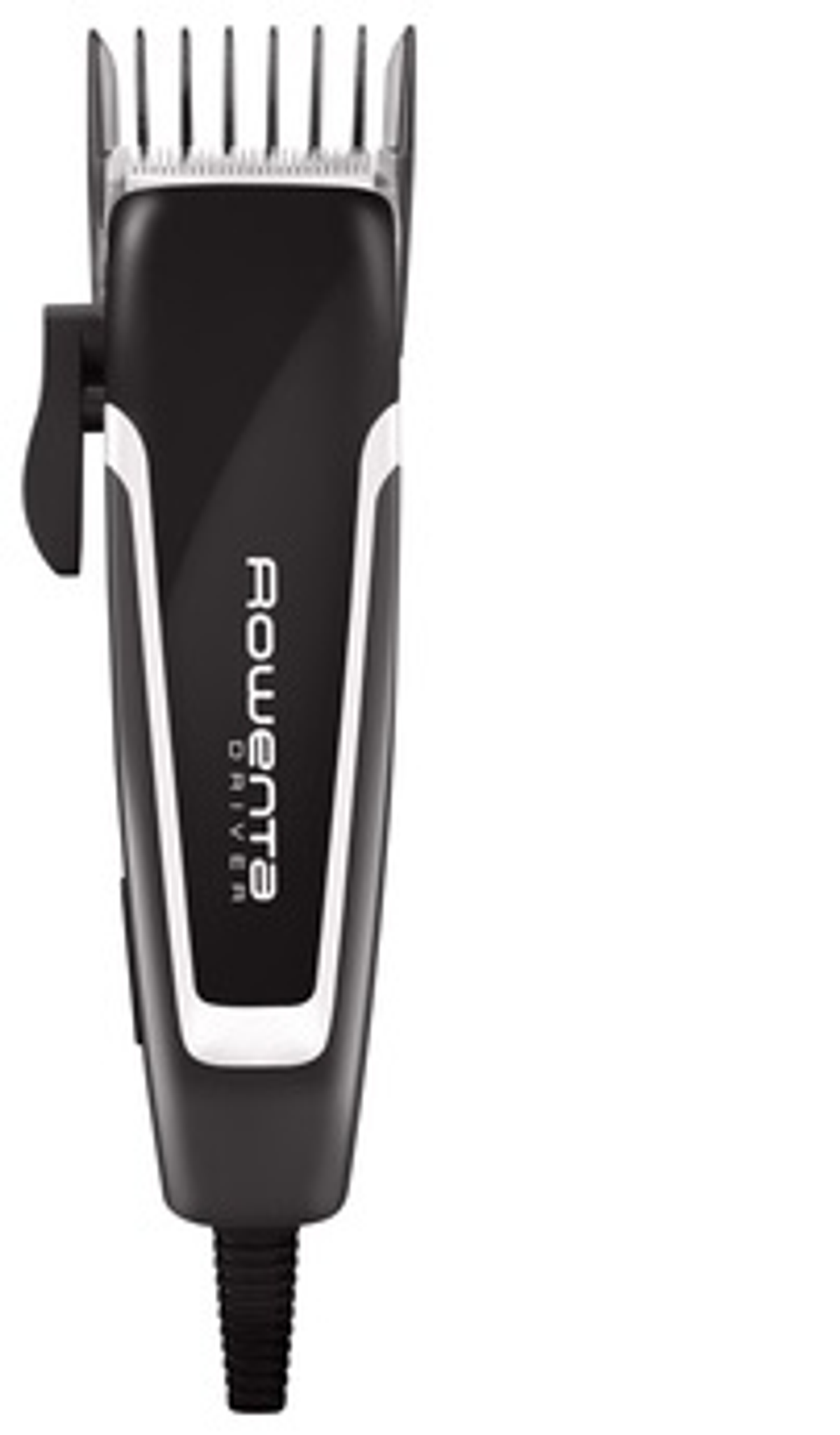 Una cortadora de pelo en blanco y negro con un accesorio de peine. 'Rowenta' está impreso en el lateral.