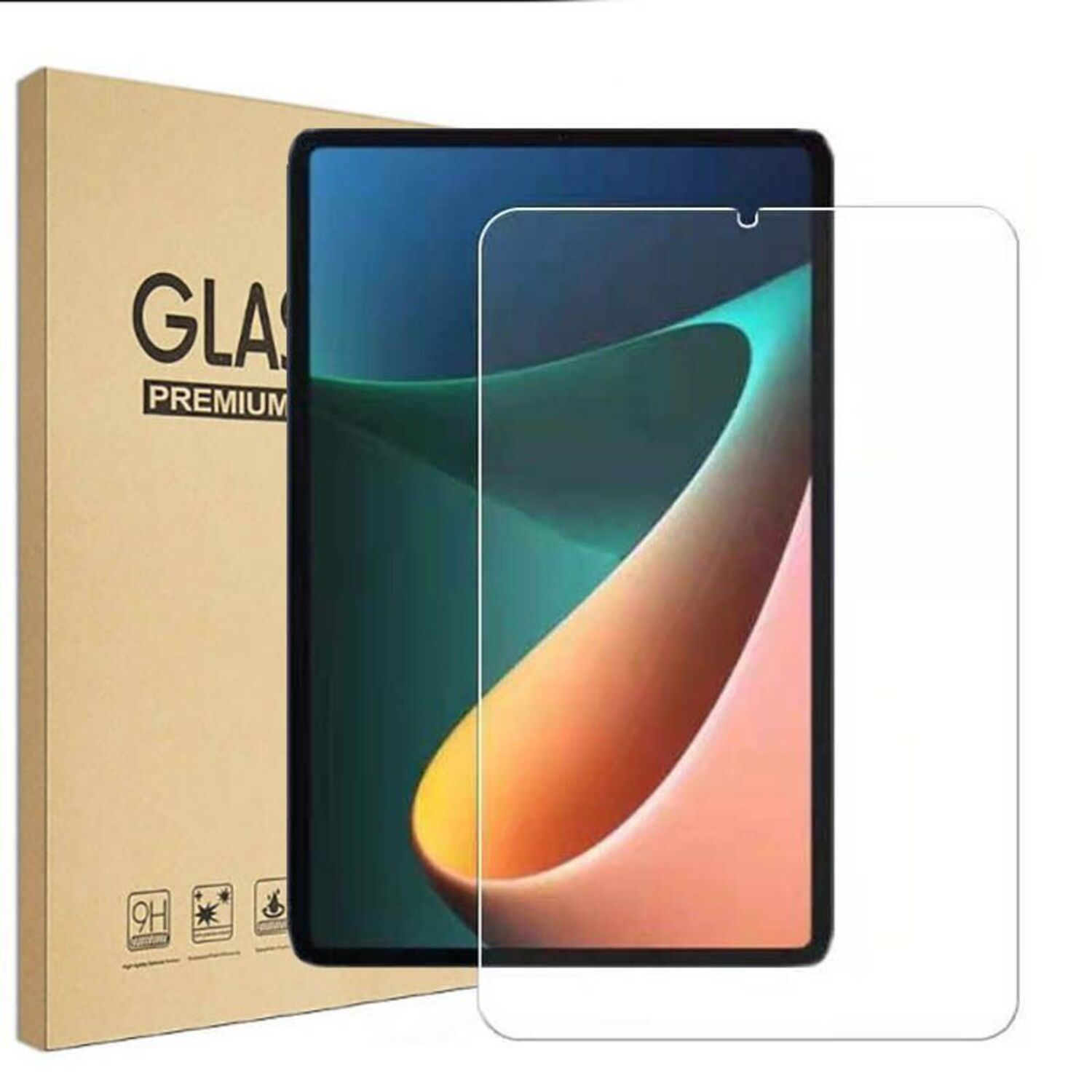 Tableta con protector de pantalla y embalaje sobre una superficie blanca. La pantalla muestra imagen colorida.