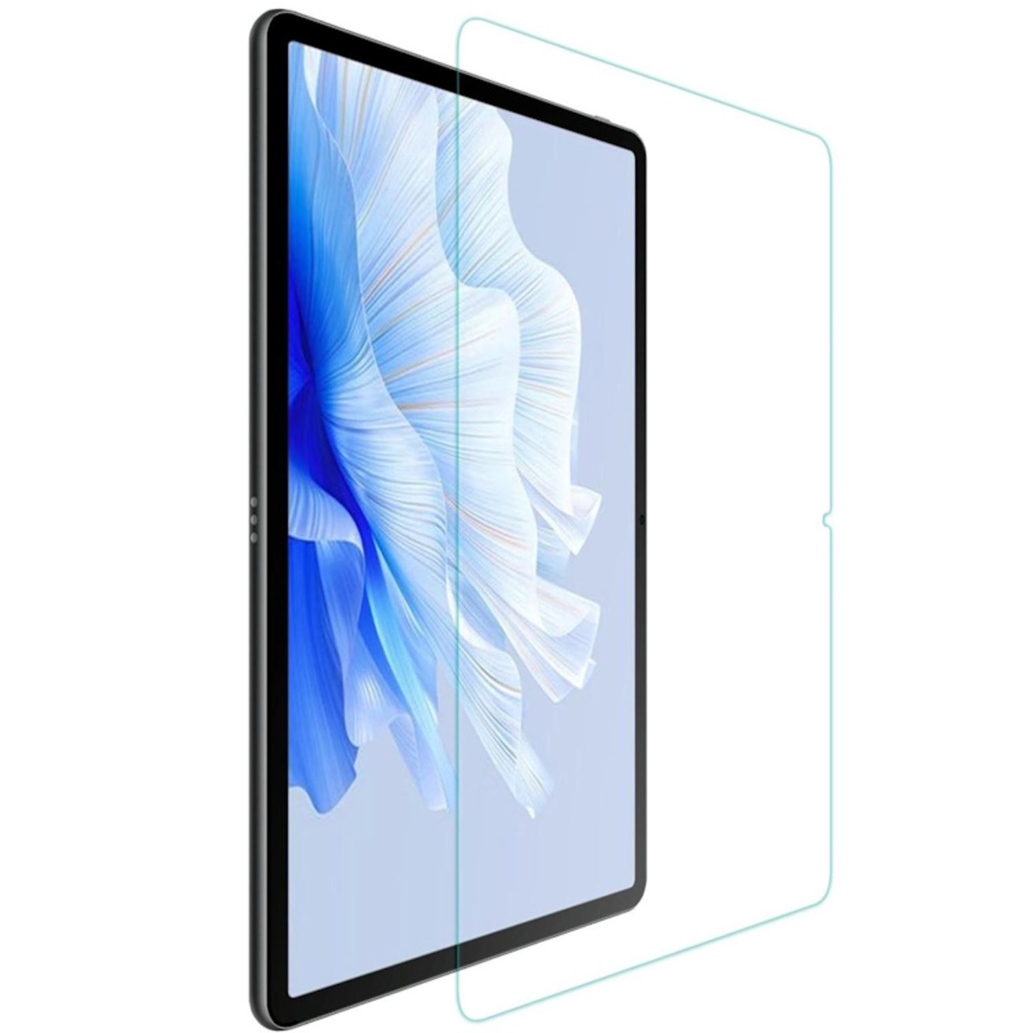 Tableta con protector de pantalla aplicado. La tableta es negra con un protector de pantalla transparente.