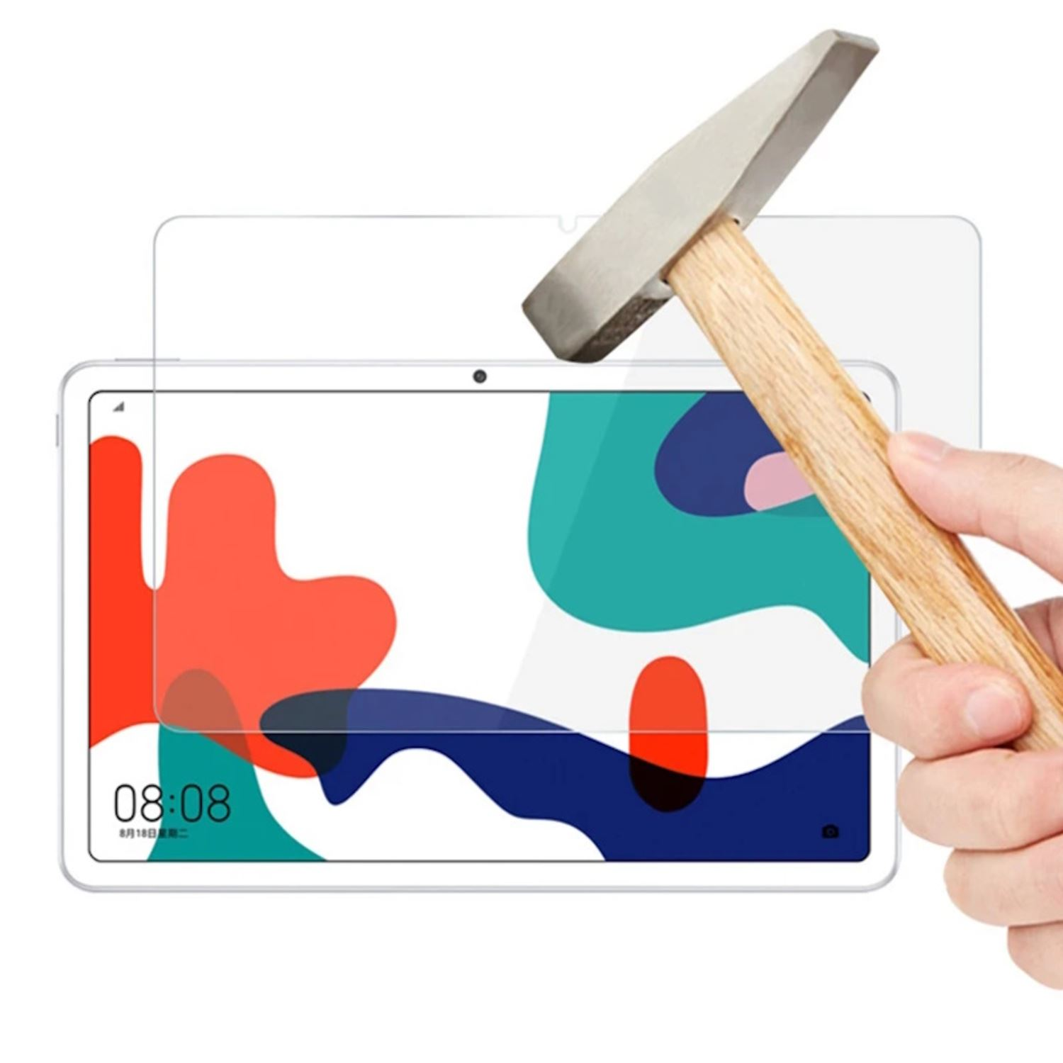 Una tableta con protector de pantalla que se prueba con un martillo. La pantalla muestra una imagen colorida.