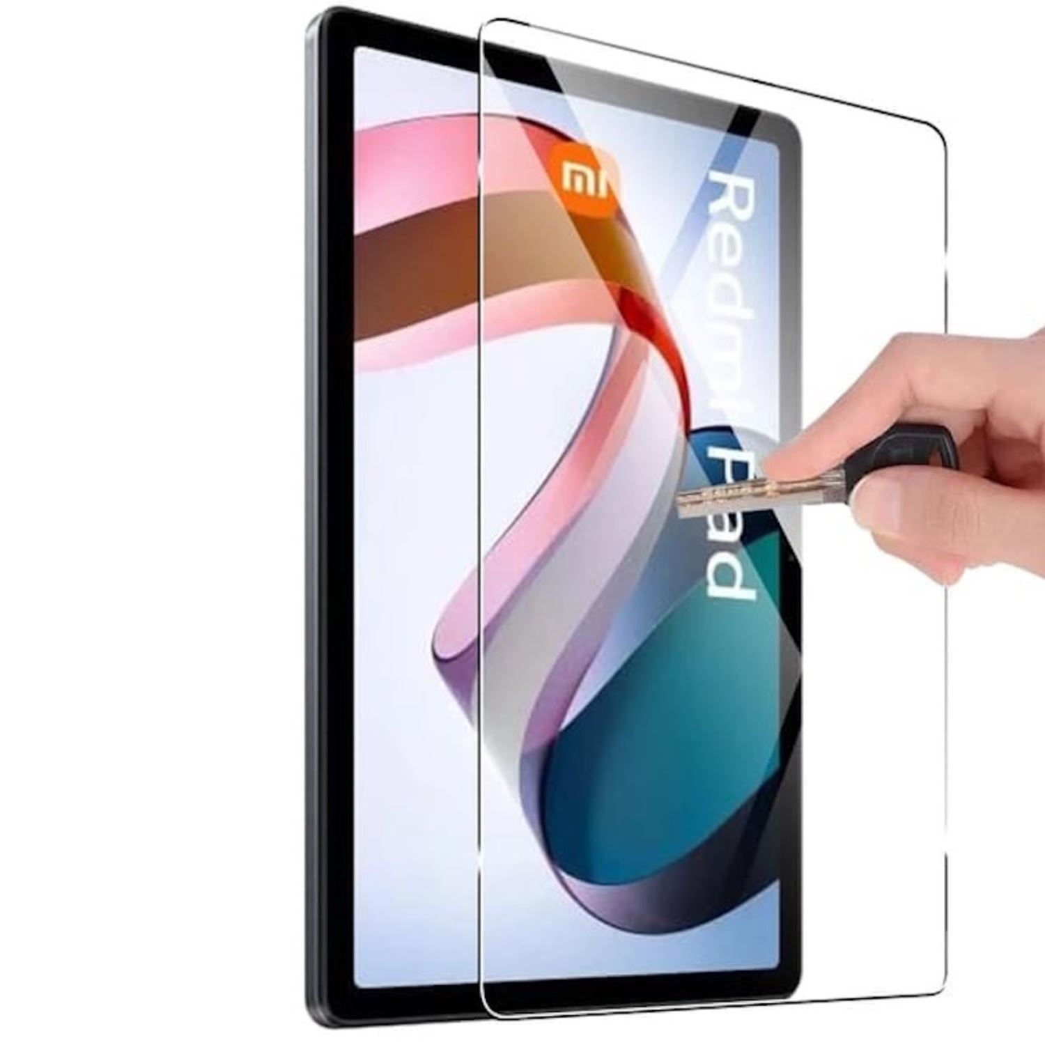 Tableta con protector de pantalla siendo aplicado, mostrando el logo Redmi Pad.