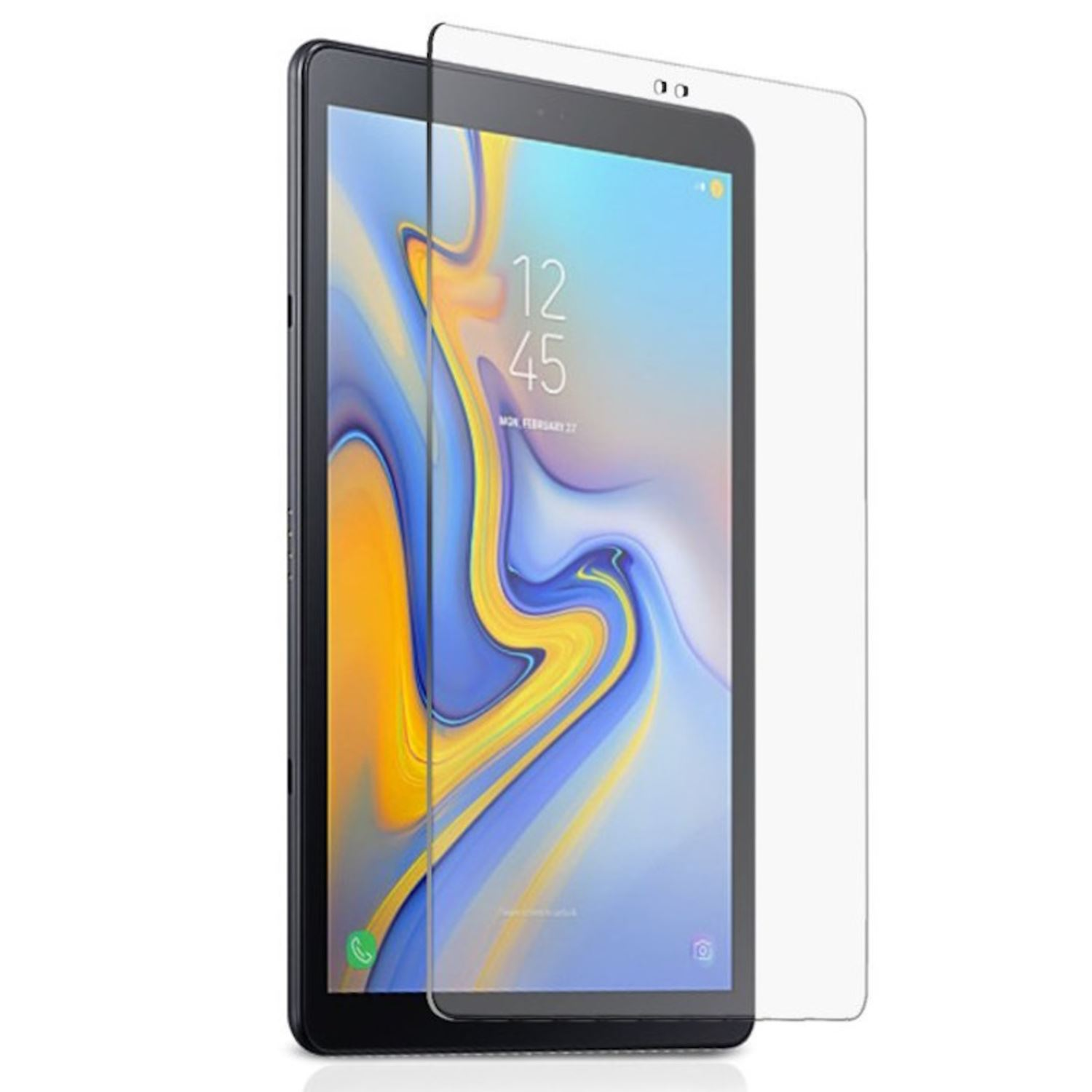 Una tableta con protector de pantalla. La pantalla muestra la hora. El protector es transparente.