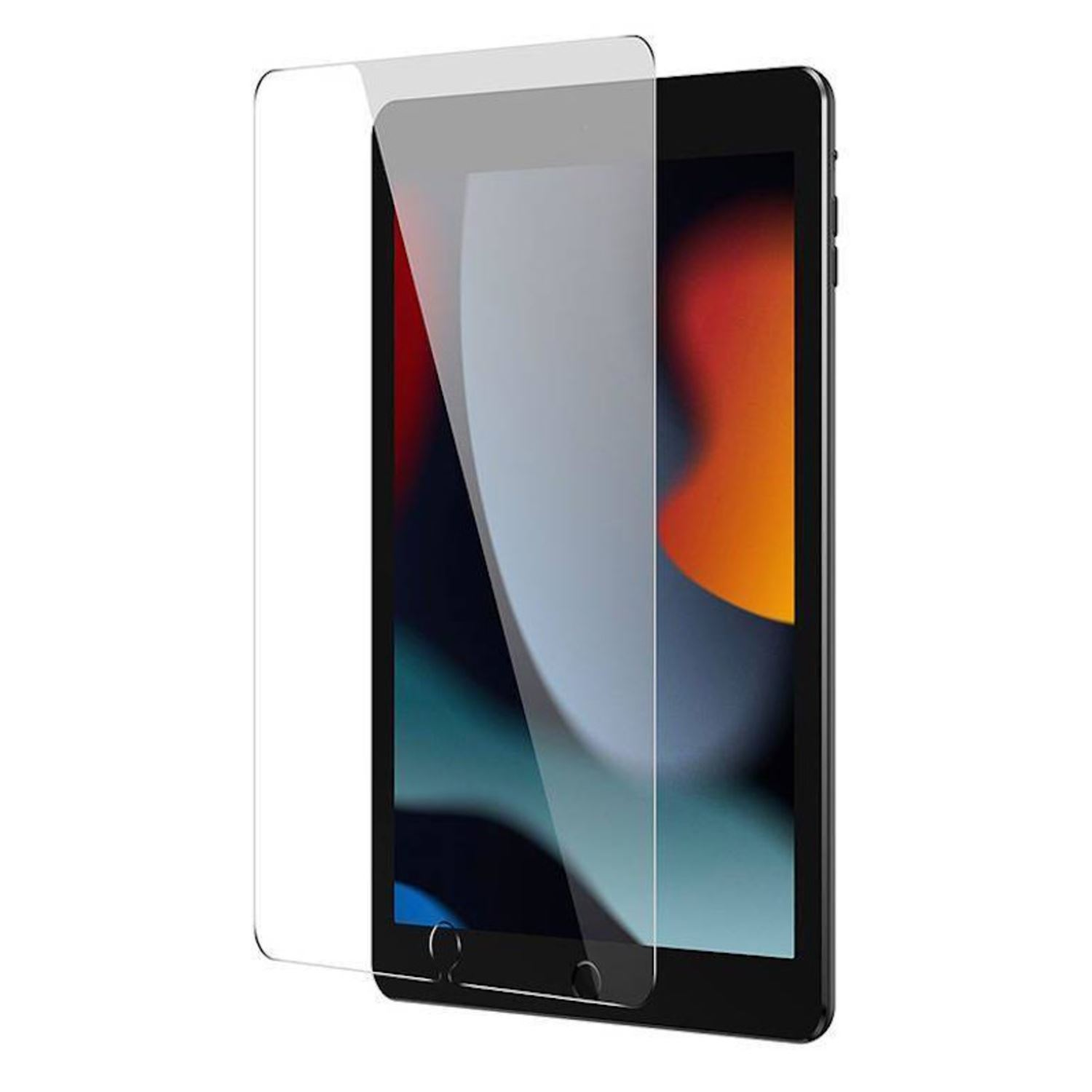 Tableta negra con protector de pantalla transparente aplicado, ligeramente descentrado, en blanco.