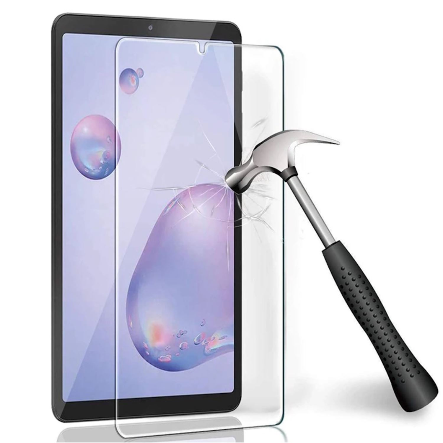Tableta con protector de pantalla golpeada por un martillo, ilustrando la durabilidad del protector.