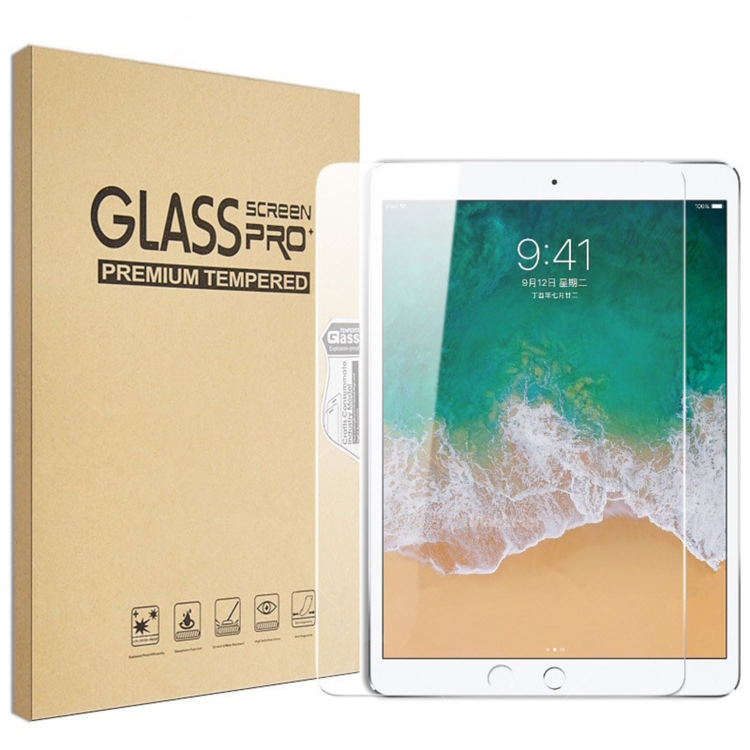 iPad con protector de pantalla y caja. La caja es marrón con texto. El iPad es blanco.