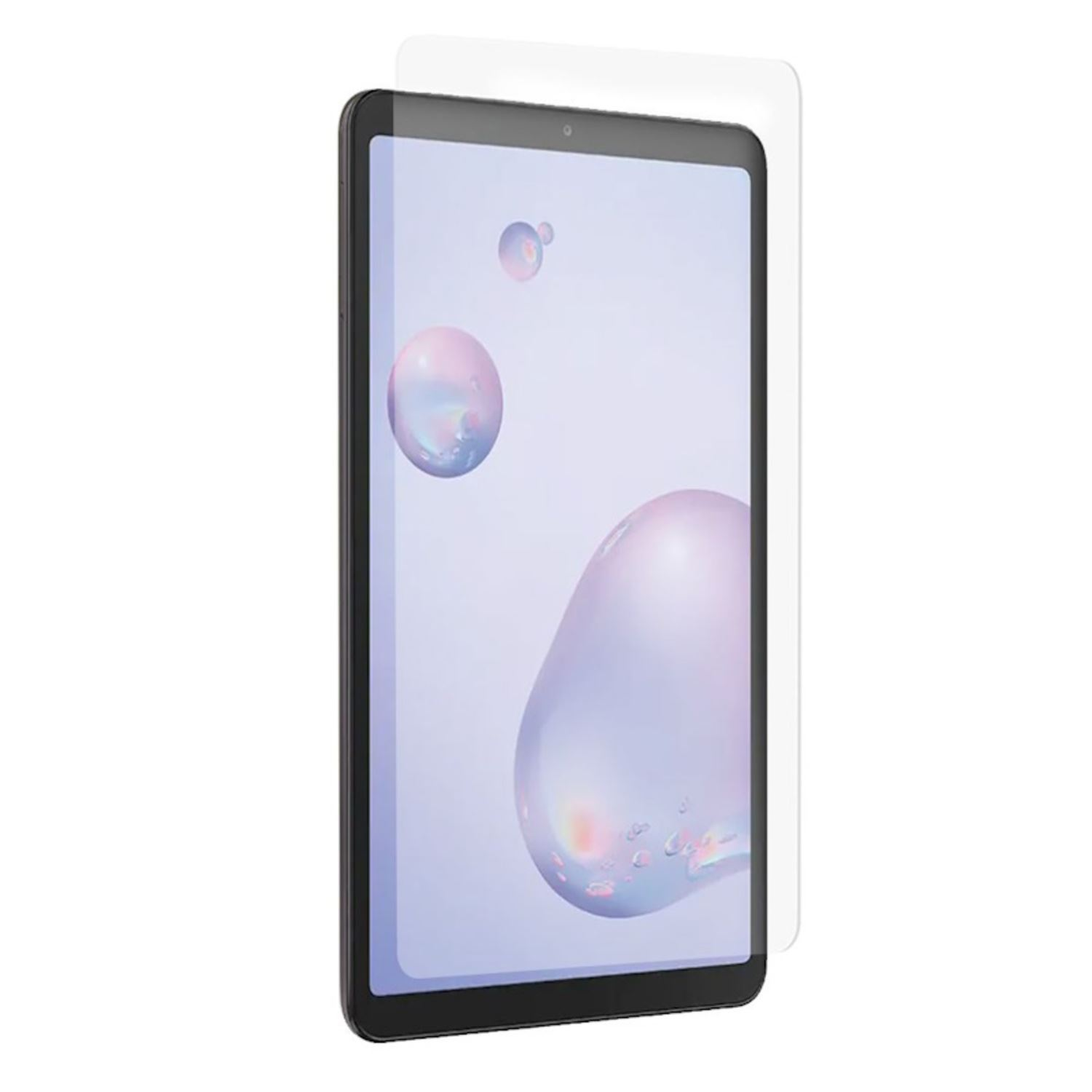 Tableta con protector de pantalla, mostrando una pantalla púrpura y azul sobre fondo blanco.