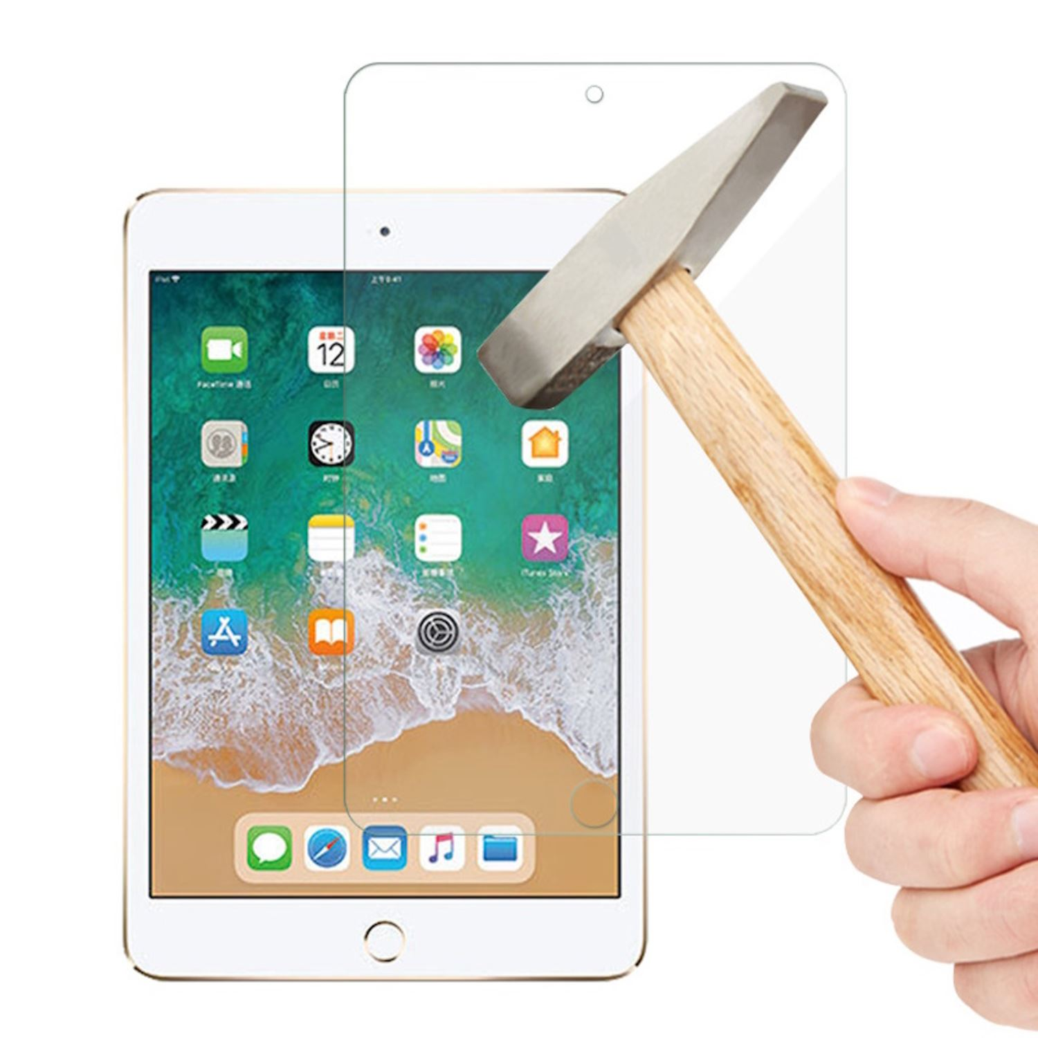 Tableta con protector de pantalla y un martillo.