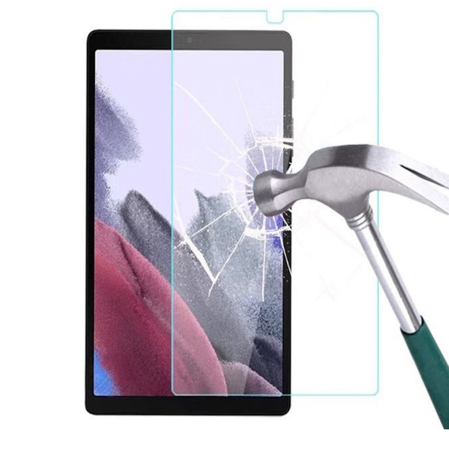 Tableta con protector de pantalla golpeado por un martillo.