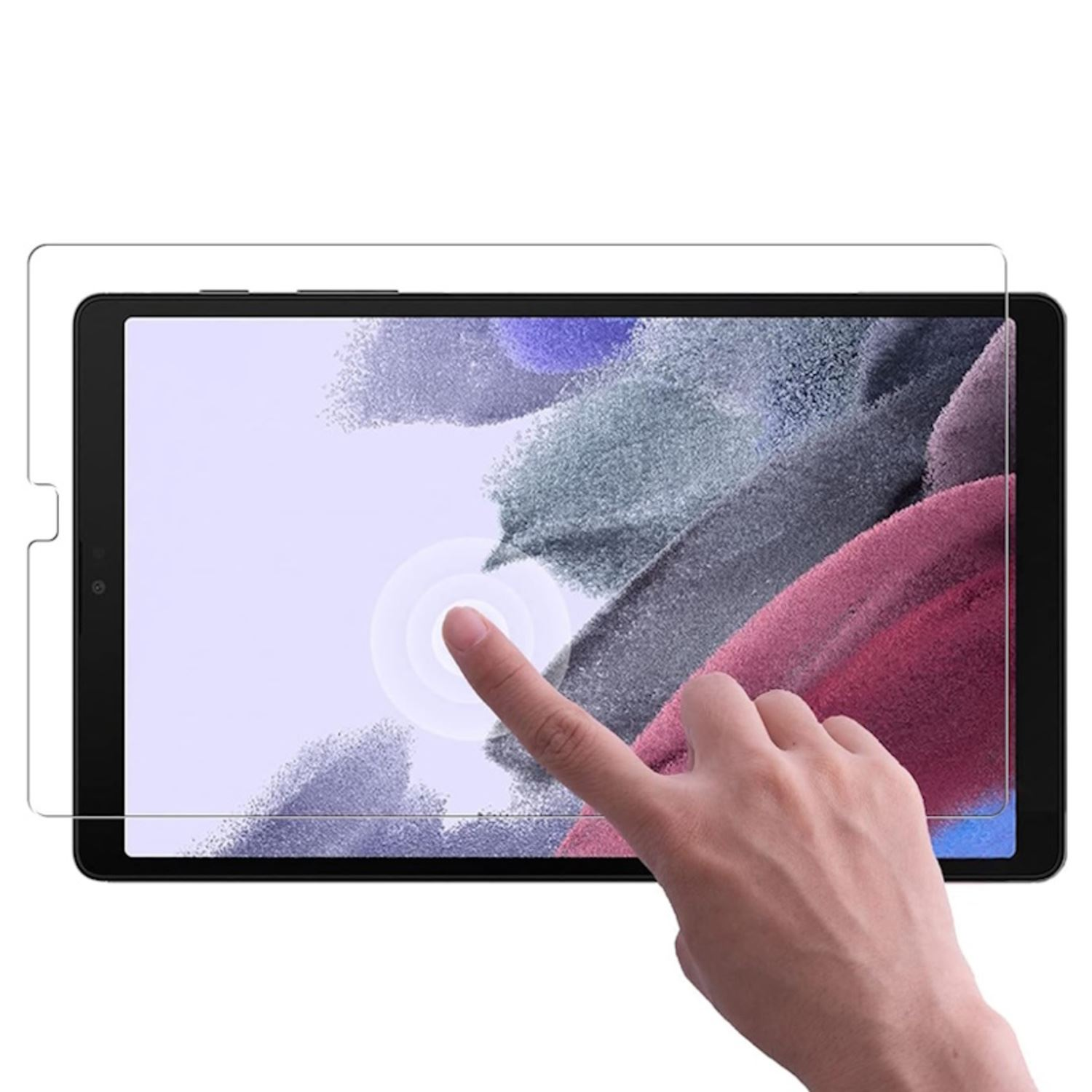 Mano tocando la pantalla de la tableta con película protectora, mostrando una imagen azul-gris.