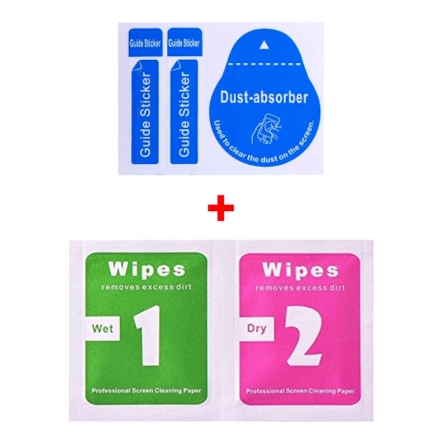 Kit de limpieza de pantalla con pegatinas guía y toallitas. Incluye toallitas húmedas y secas.