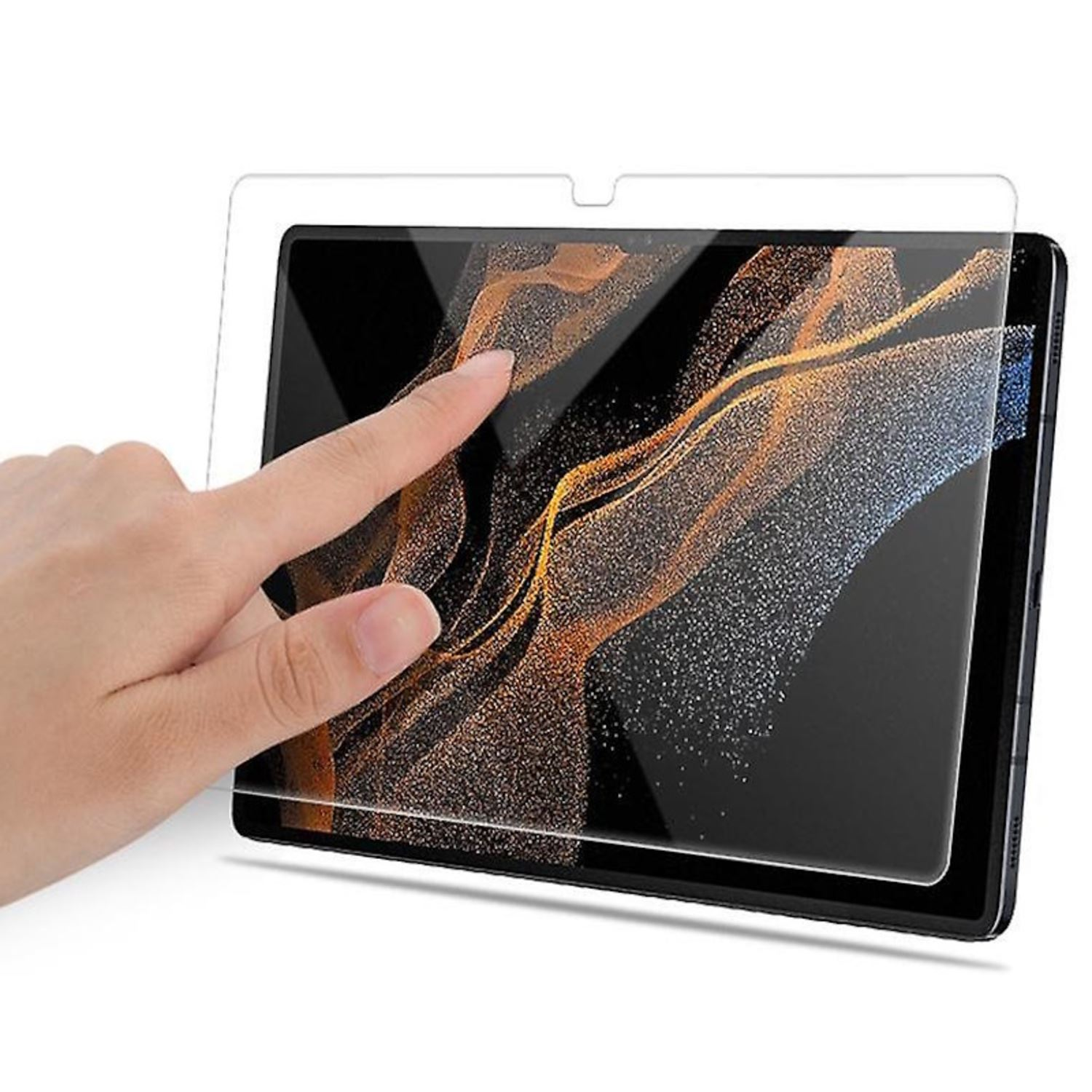 Una mano tocando la pantalla de una tableta con un protector de pantalla. La pantalla muestra una imagen abstracta y colorida.