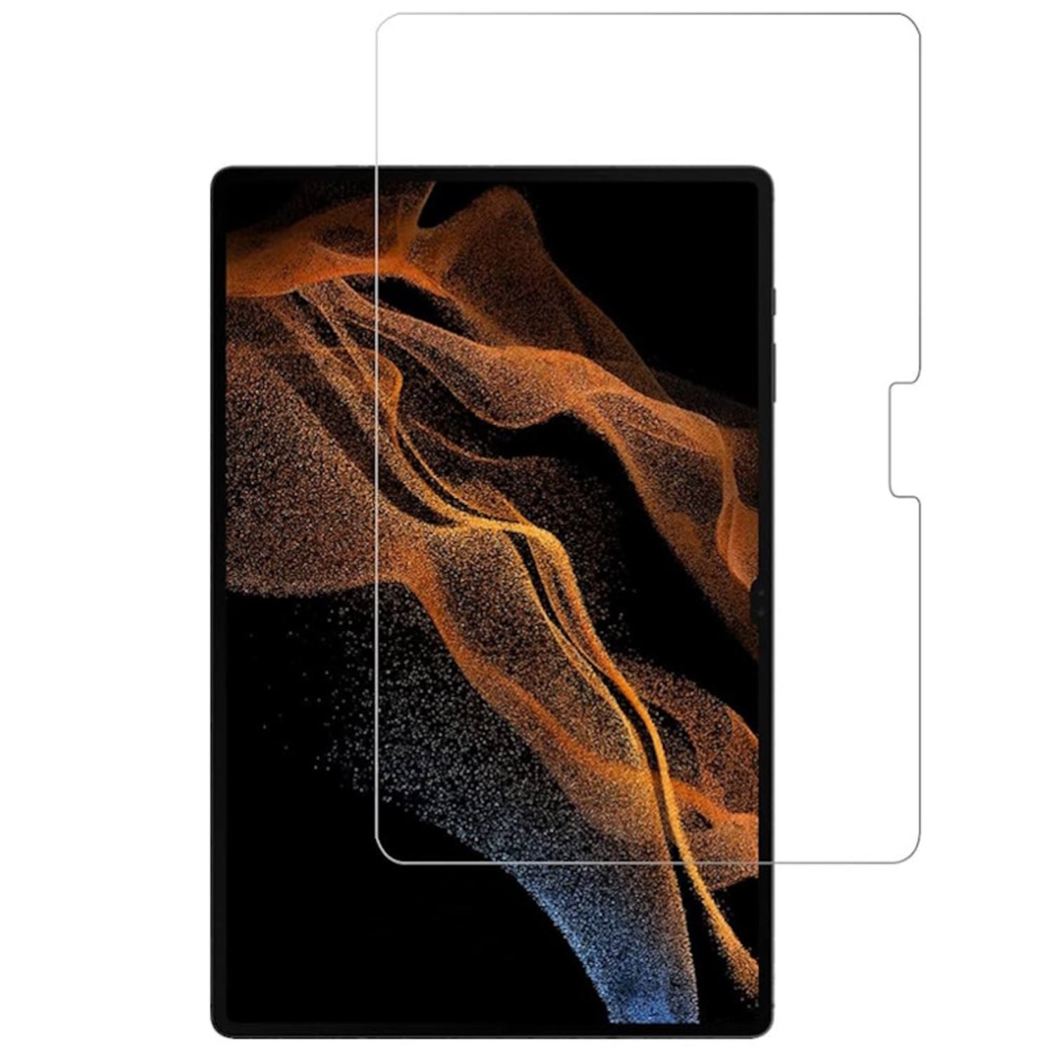 Tableta con protector de pantalla, junto a un protector, sobre fondo blanco.