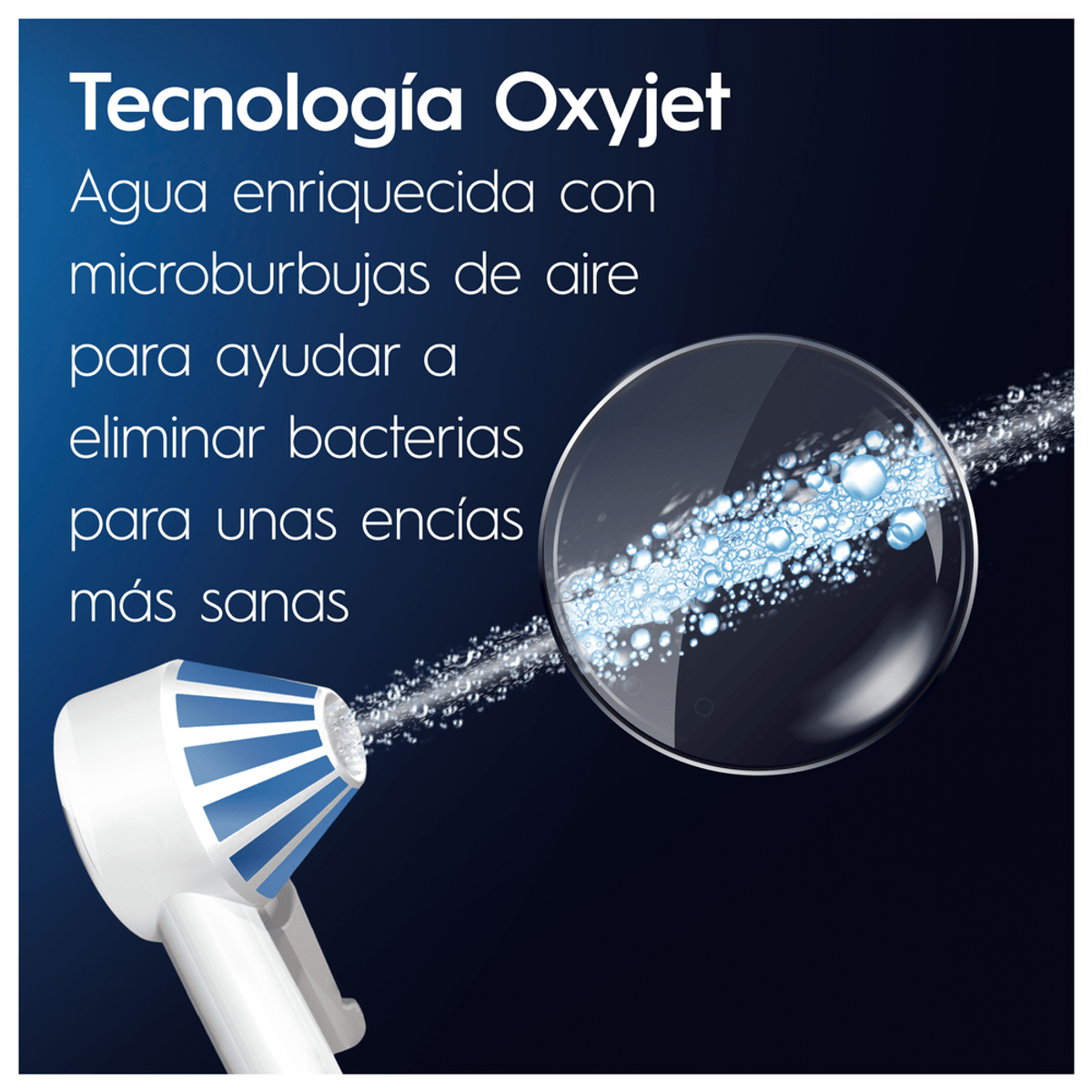 Irrigador oral blanco y azul rociando agua con burbujas. Texto: Tecnología Oxyjet.