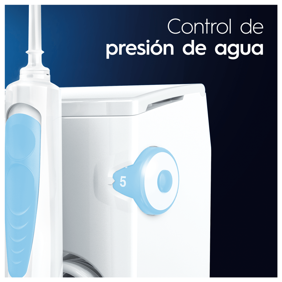 Irrigador bucal blanco y azul con dial de control de presión en 5.