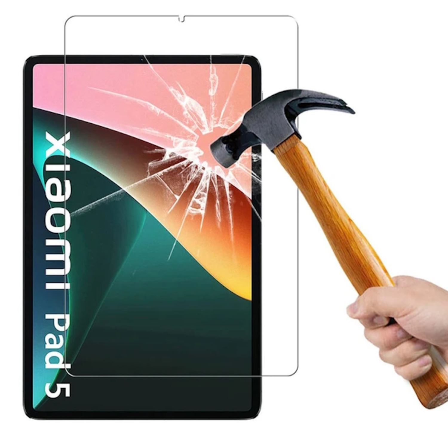 Tableta con protector de pantalla golpeada por un martillo. La pantalla está agrietada.