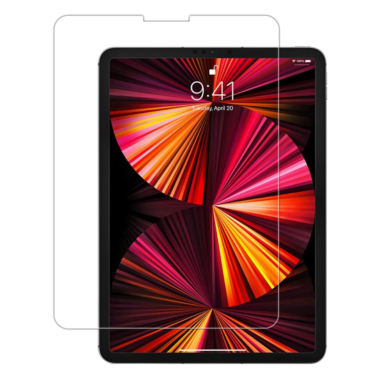 Tableta con protector de pantalla. La pantalla muestra arte abstracto colorido con la hora 9:41.