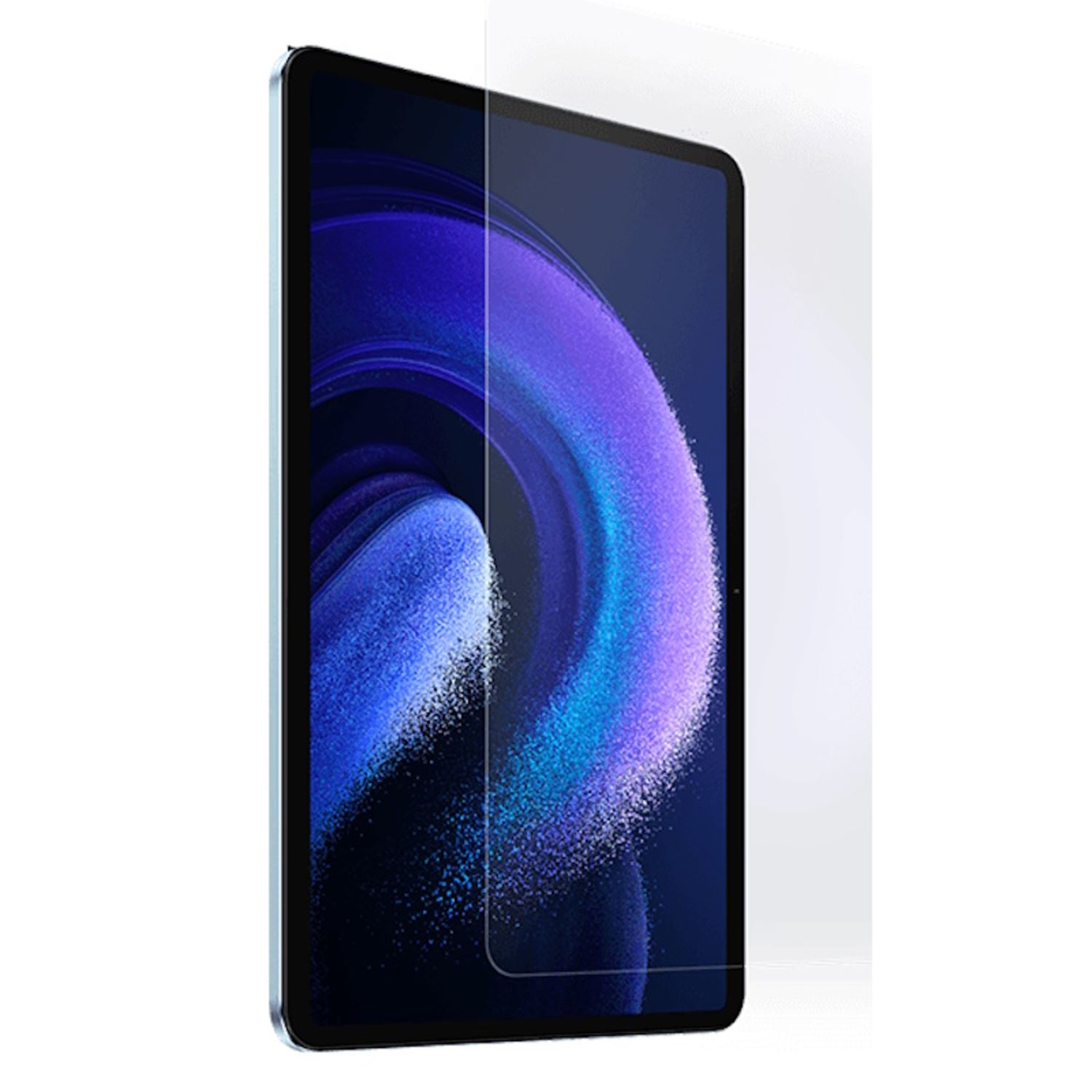 Tableta con protector de pantalla aplicado, mostrando un fondo abstracto púrpura y azul.