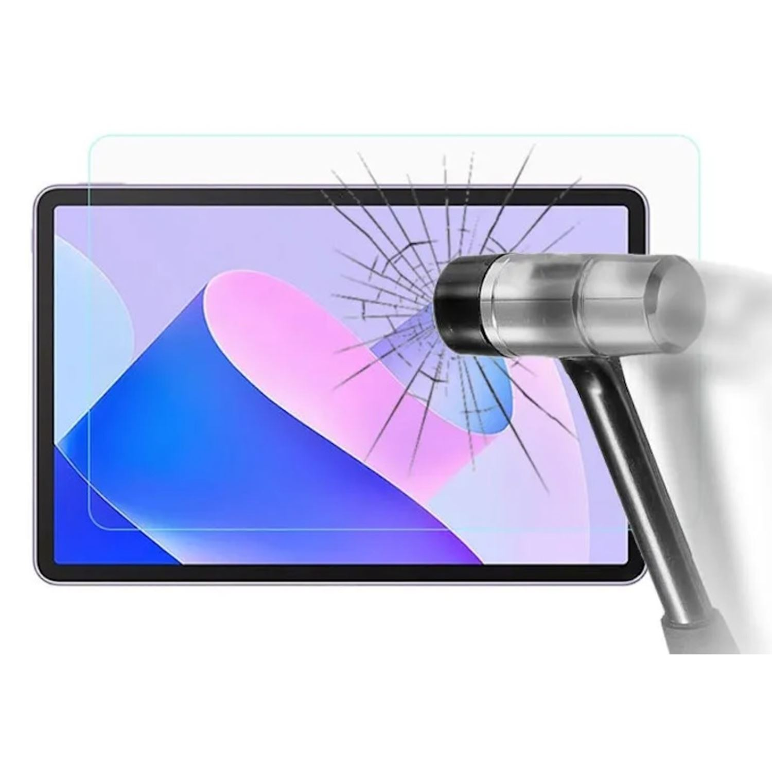 Tableta con protector de pantalla golpeada con un martillo. Pantalla destrozada. Fondo blanco.