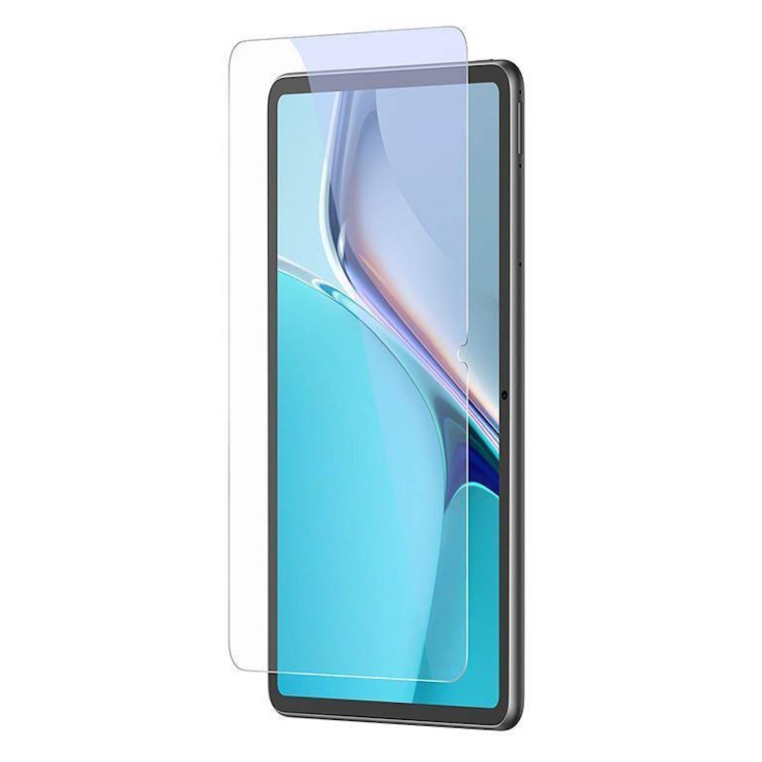 Una tableta con un protector de pantalla aplicado. La pantalla muestra un fondo azul claro.