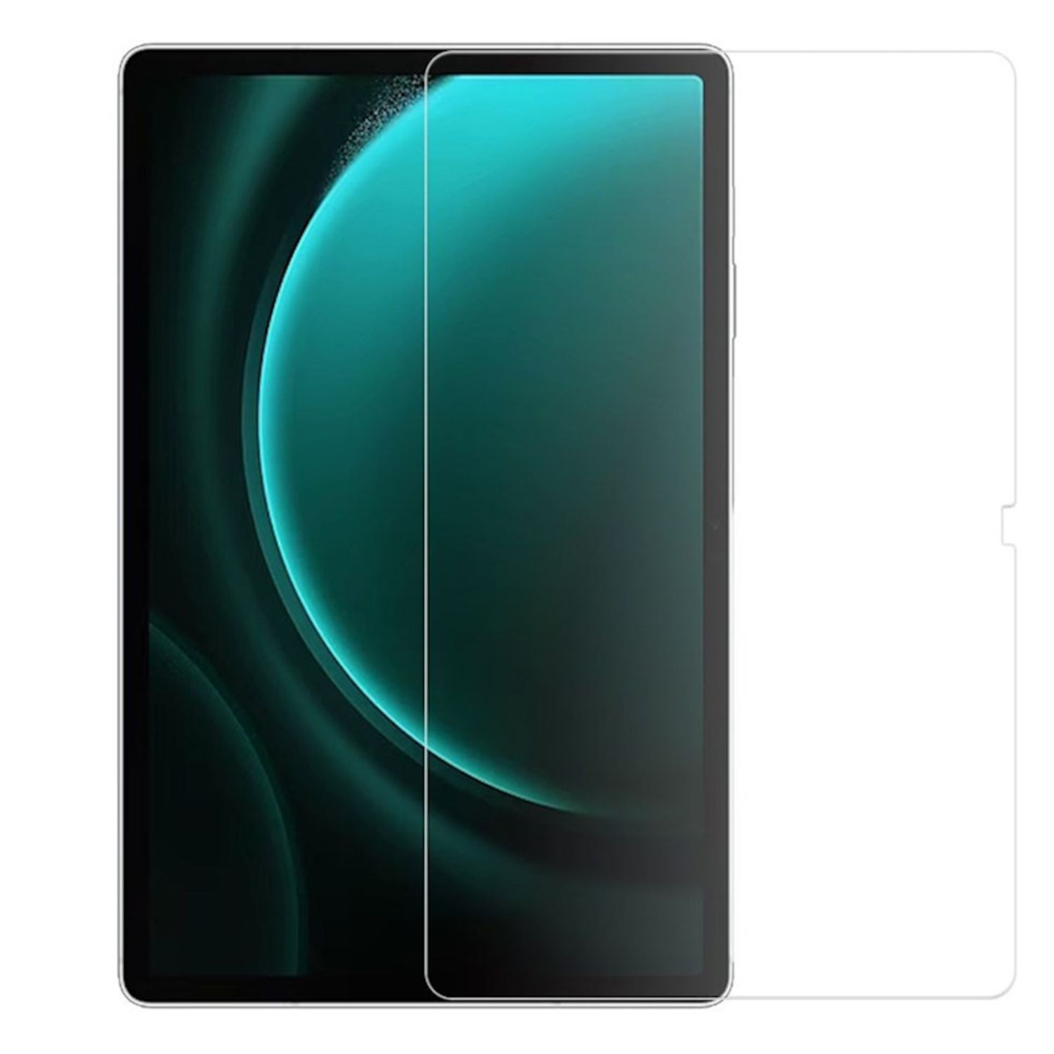 Una tableta con un protector de pantalla aplicado. La pantalla muestra un fondo de color verde azulado.