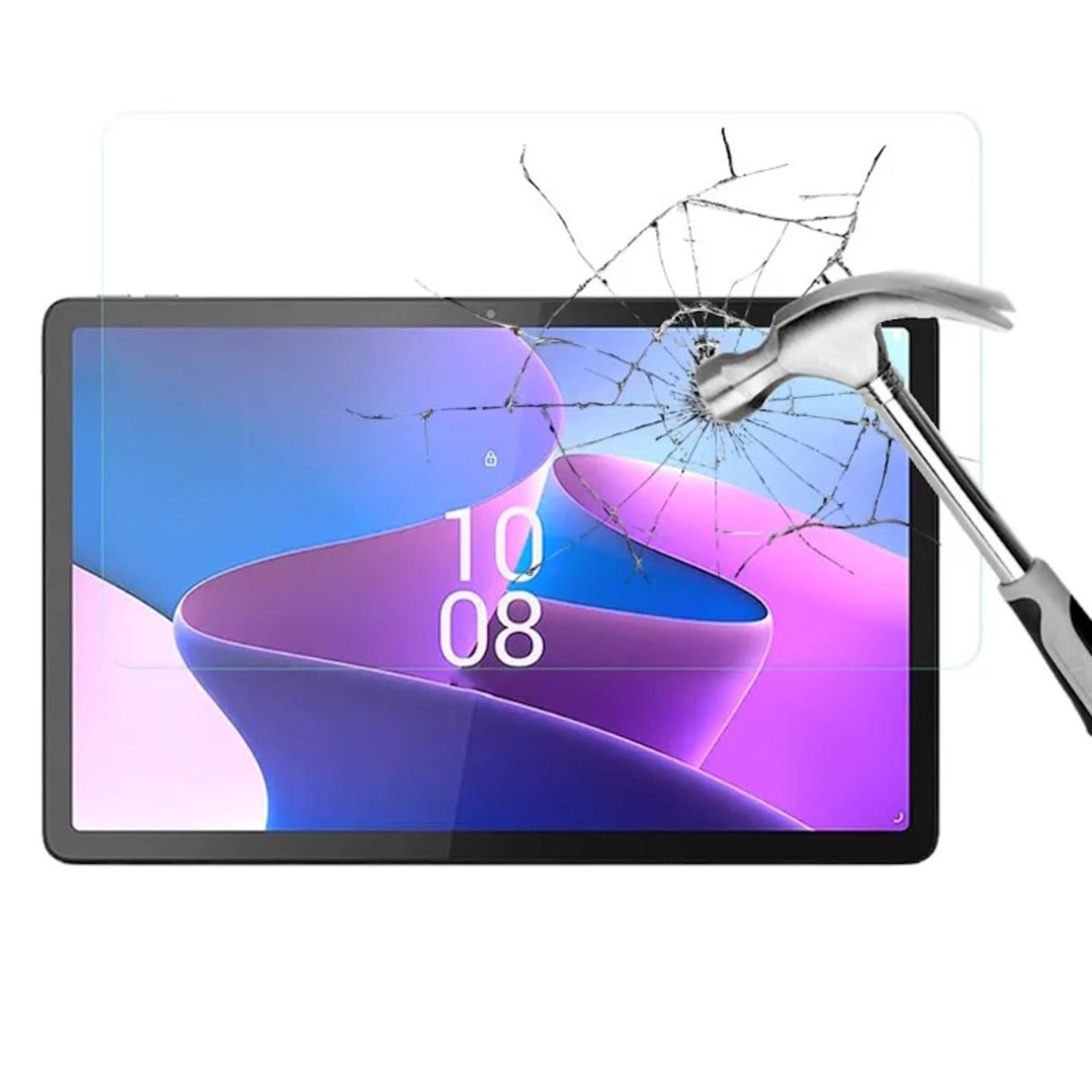 Tableta con pantalla rota, con un martillo al lado. Protector de pantalla.