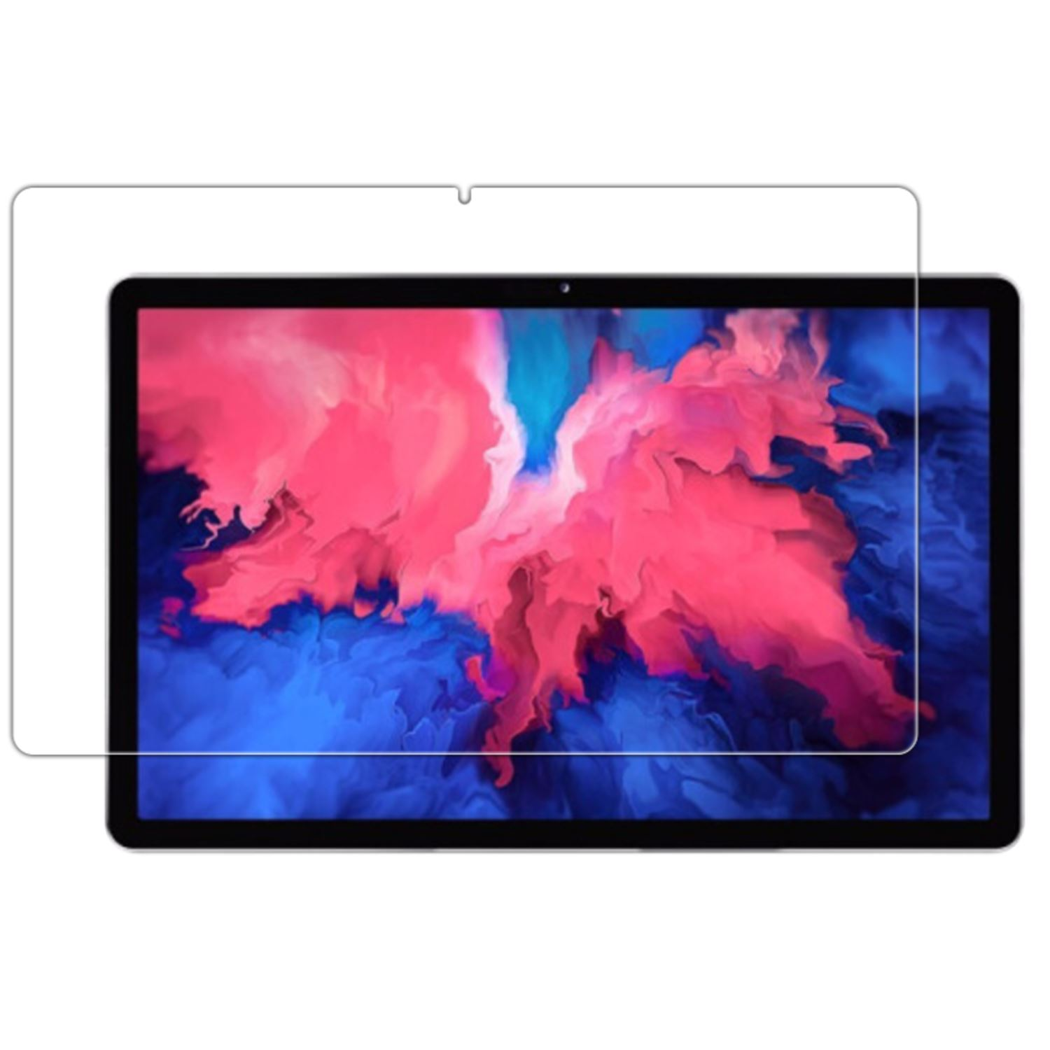 Tableta con protector de pantalla. Muestra una imagen abstracta colorida.
