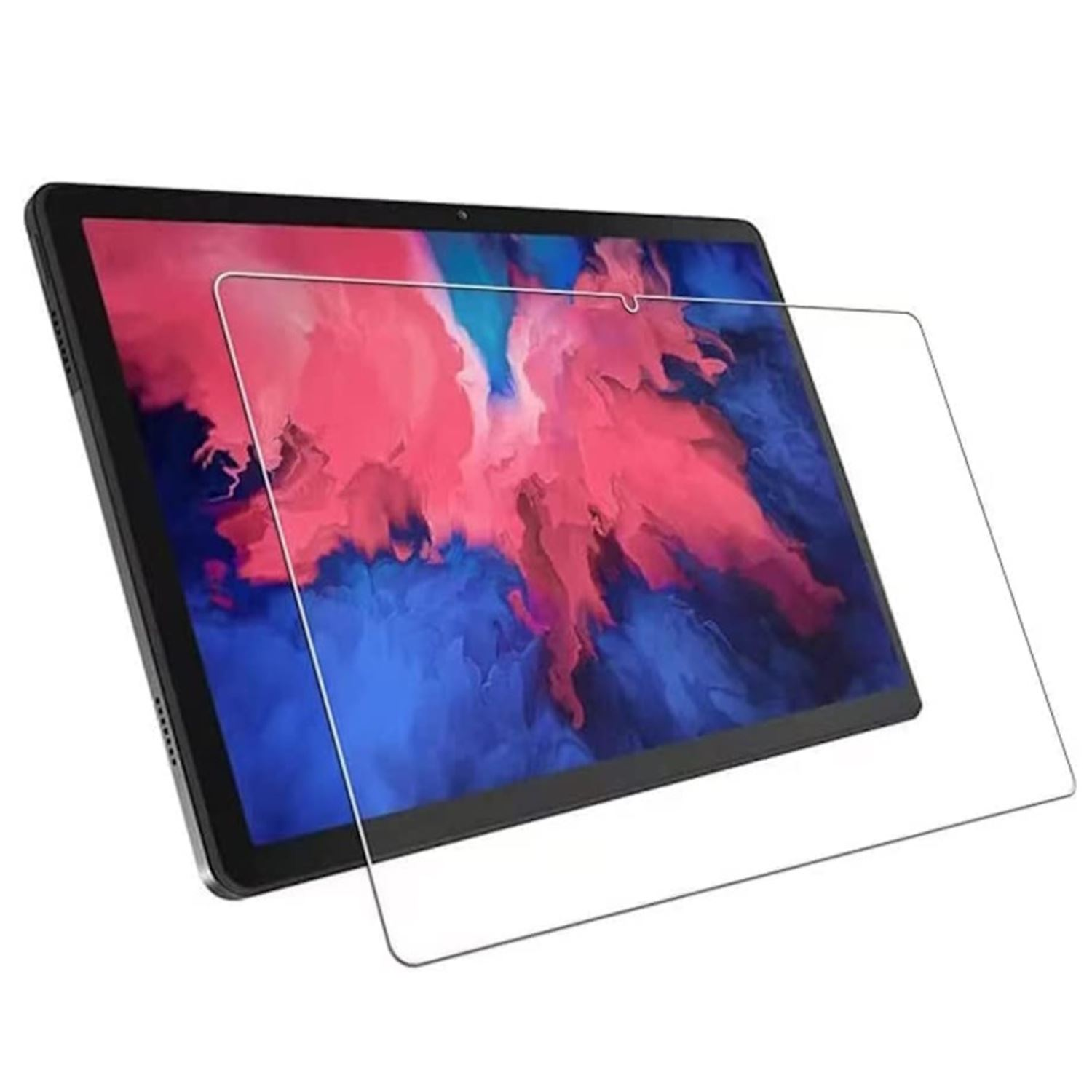 Tableta negra con protector de pantalla aplicado, ligeramente inclinada sobre una superficie blanca.