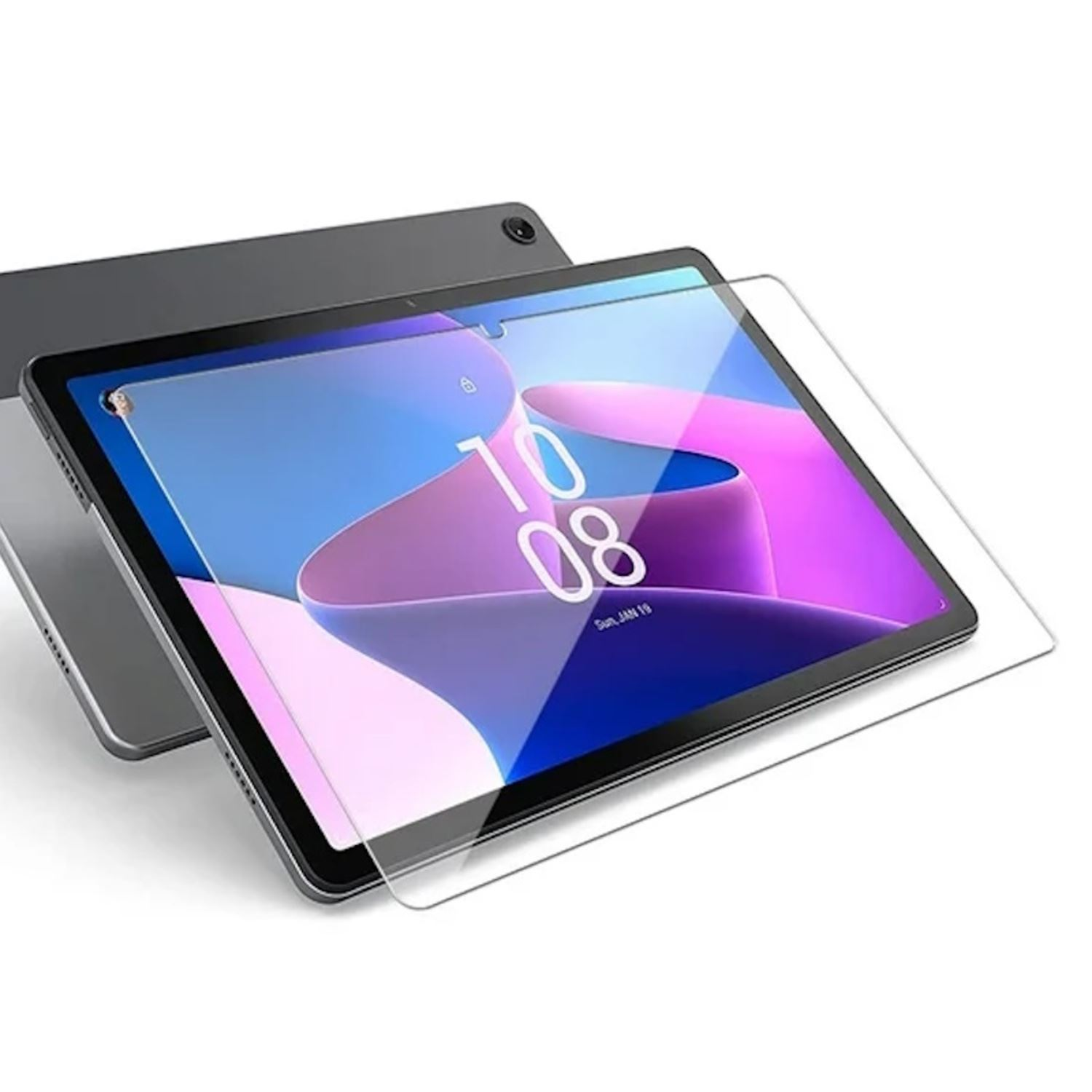 Una tableta con protector de pantalla, mostrando un reloj digital.