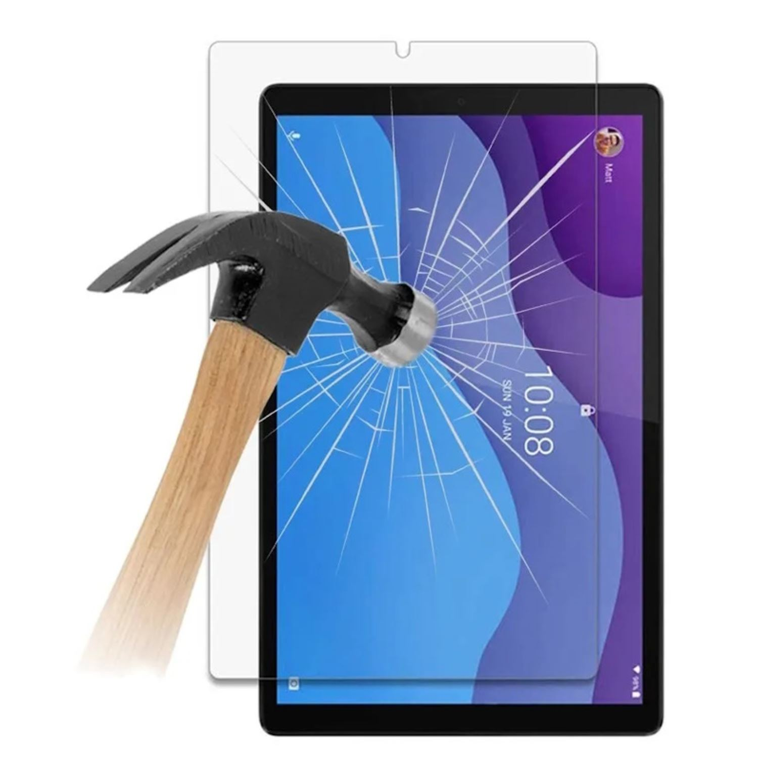 La pantalla de una tableta está siendo golpeada por un martillo. Un protector de pantalla está en su lugar.